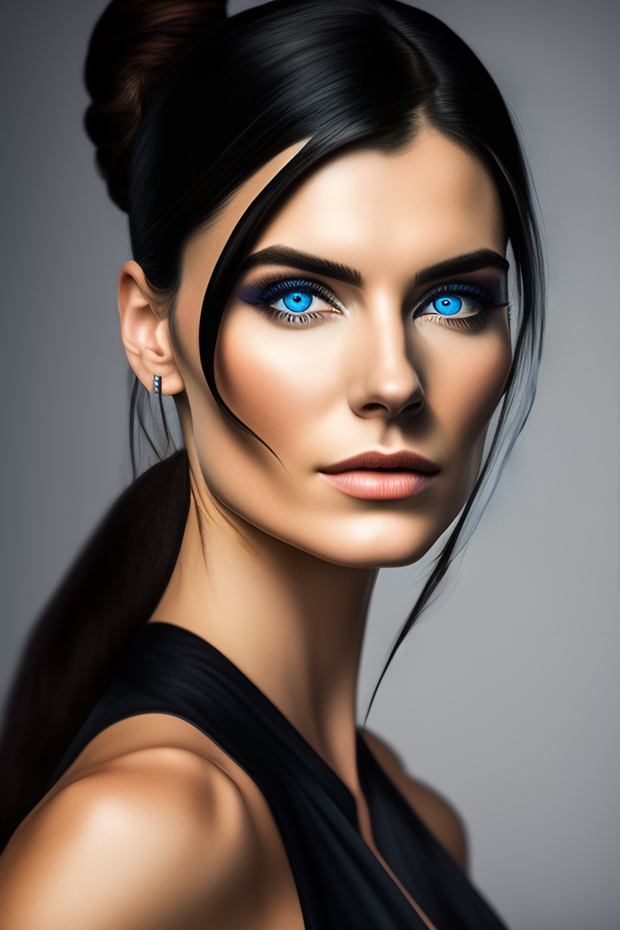Lexica - Portrait serious woman black hair ponytail blue eyes