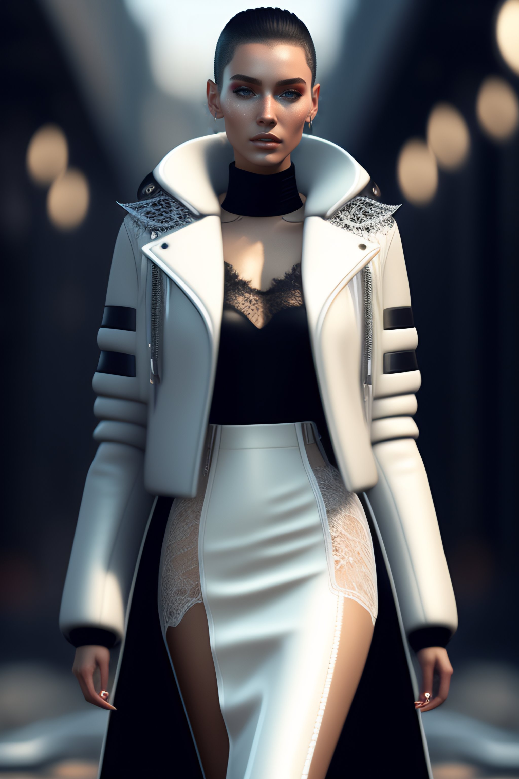 Lexica - Minimal fashion style clothes with short hair rusian girl, white  medieval leather jacket with glitters, jewels, long leather skirt,  carbonf