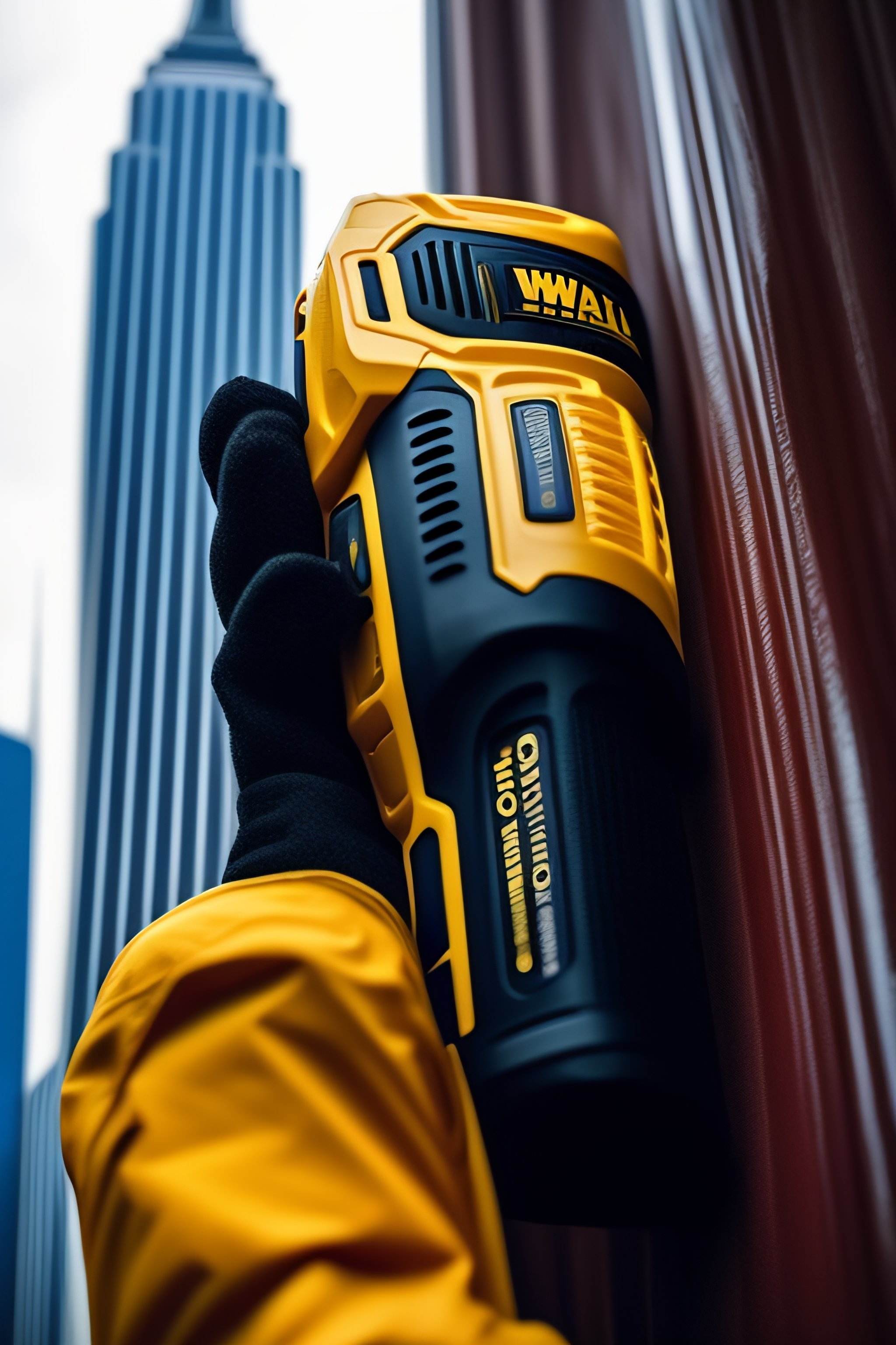 Lexica Male using a Dewalt tool on sky scrapper in New York City