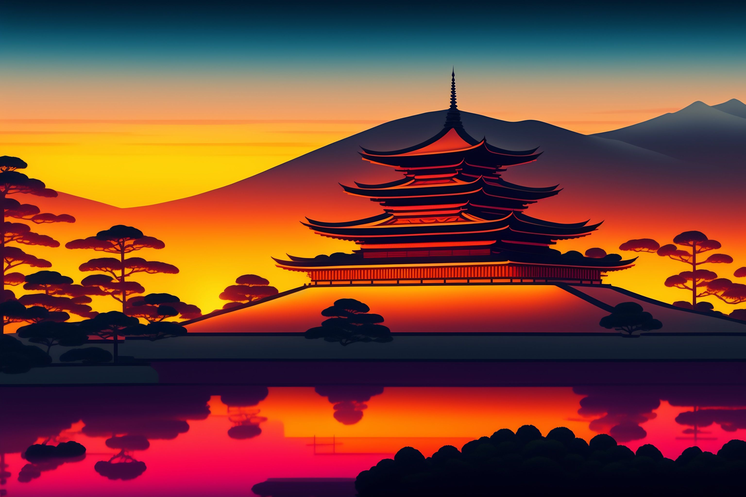 Lexica - Buddhist temple on a hill at sunset in ukiyo-e style