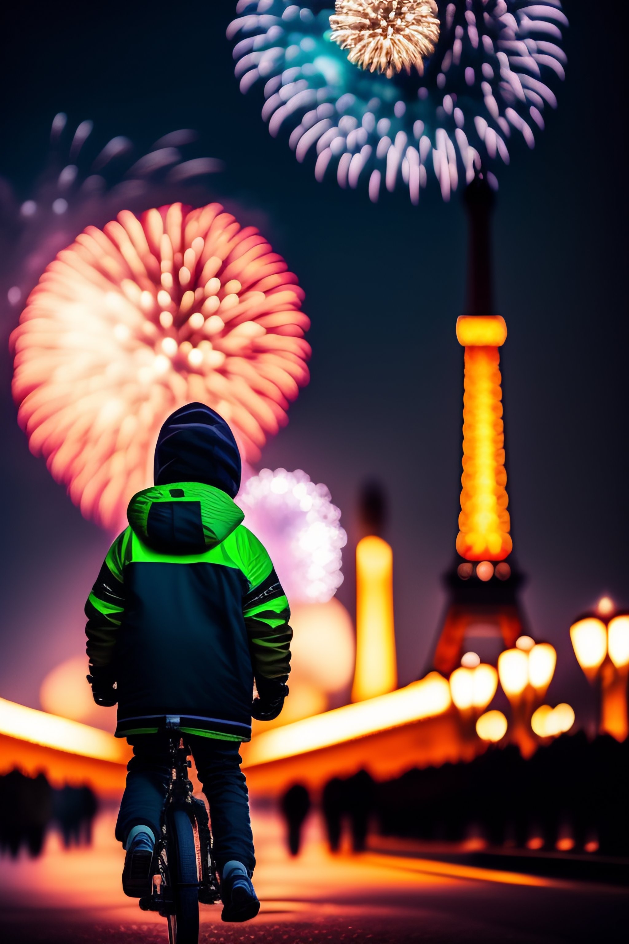 Lexica - Boy on a bike riding to the eiffel tower on new year with a ...