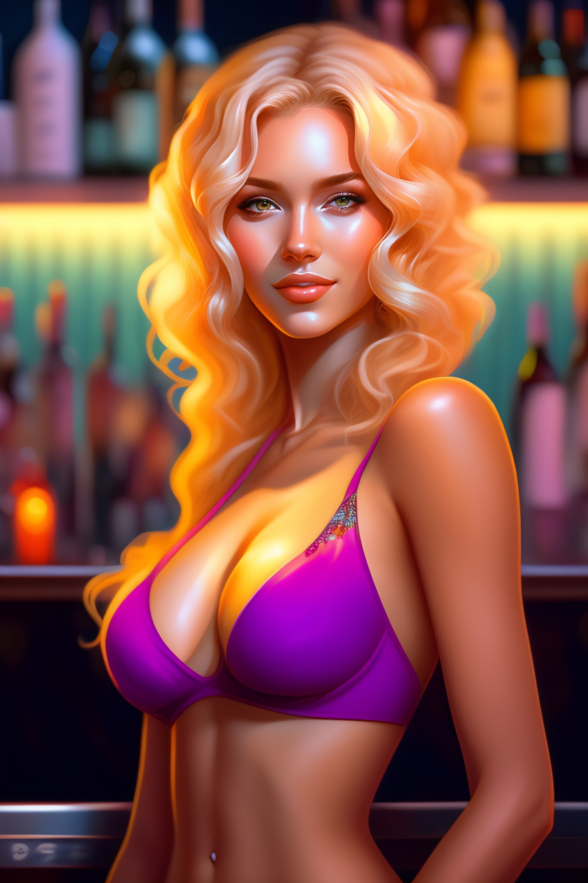 Lexica - Elegant blonde brazilian twin woman smiling curly hair wearing  bikini inside a bar at night, cute face, round eyes, digital painting, fan  ar...