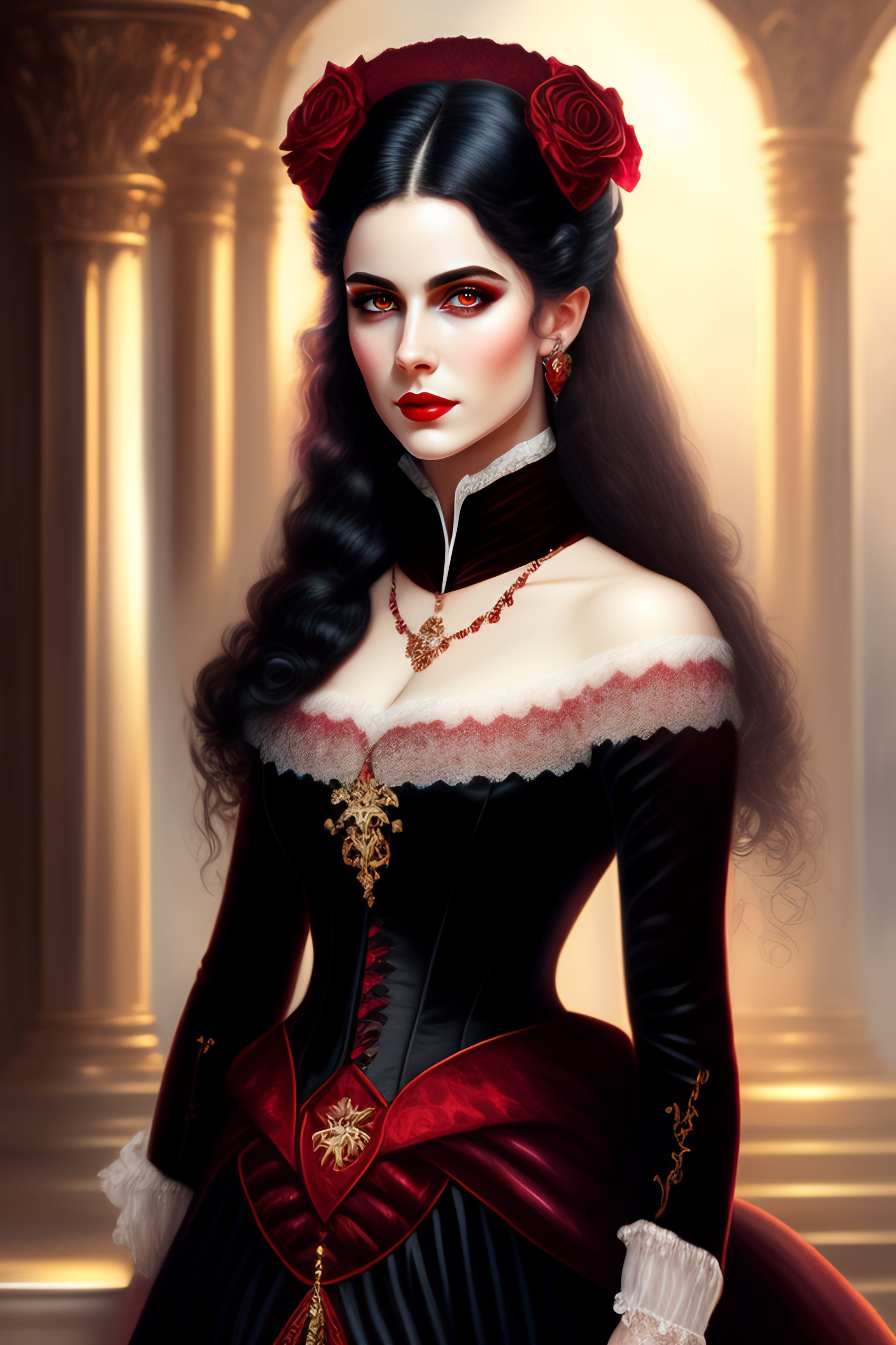 Lexica - Young,beautiful vampire woman,pale skin, black hair,eyes red ...