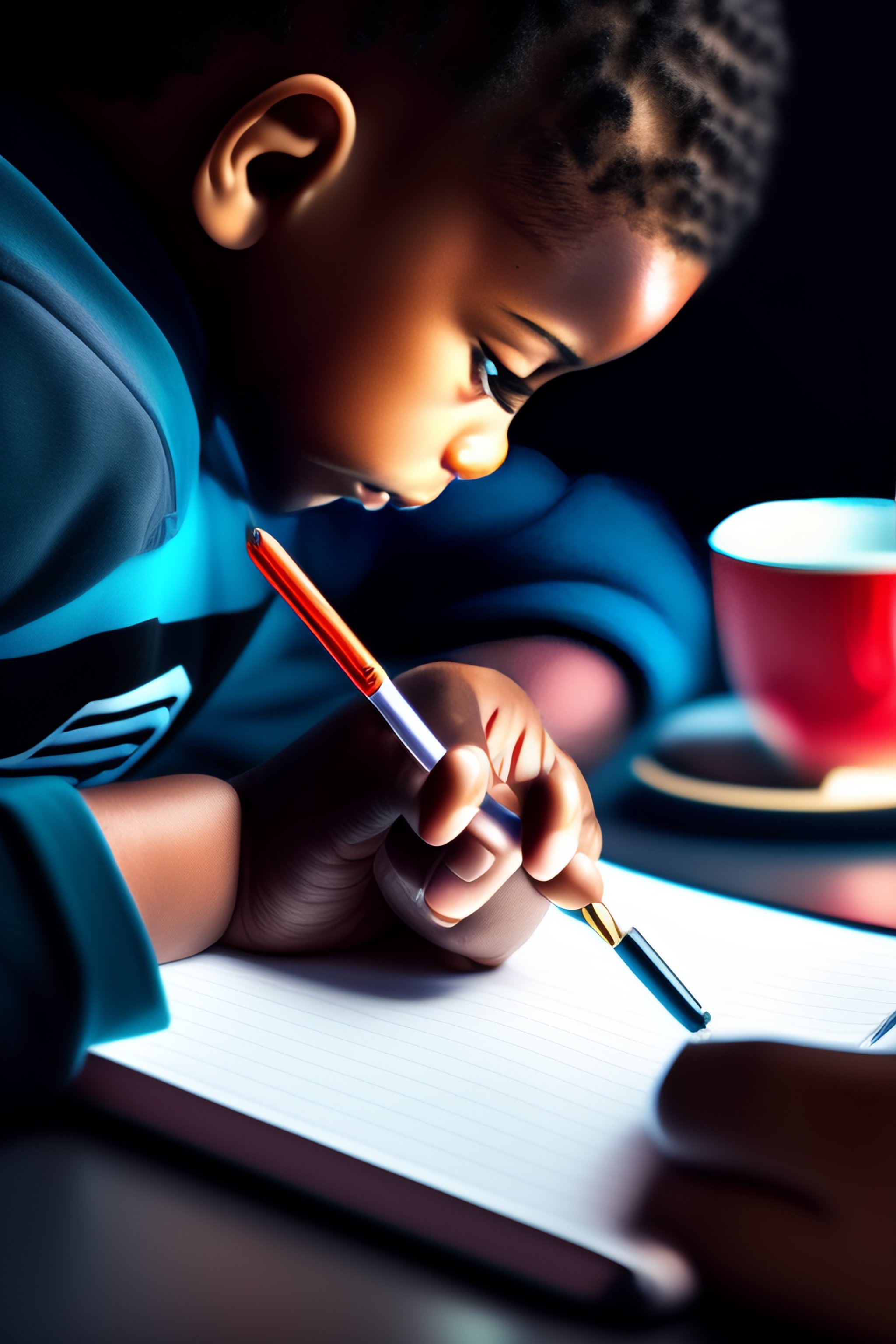Lexica - Black background a cartoonish boy is writting his notes while ...