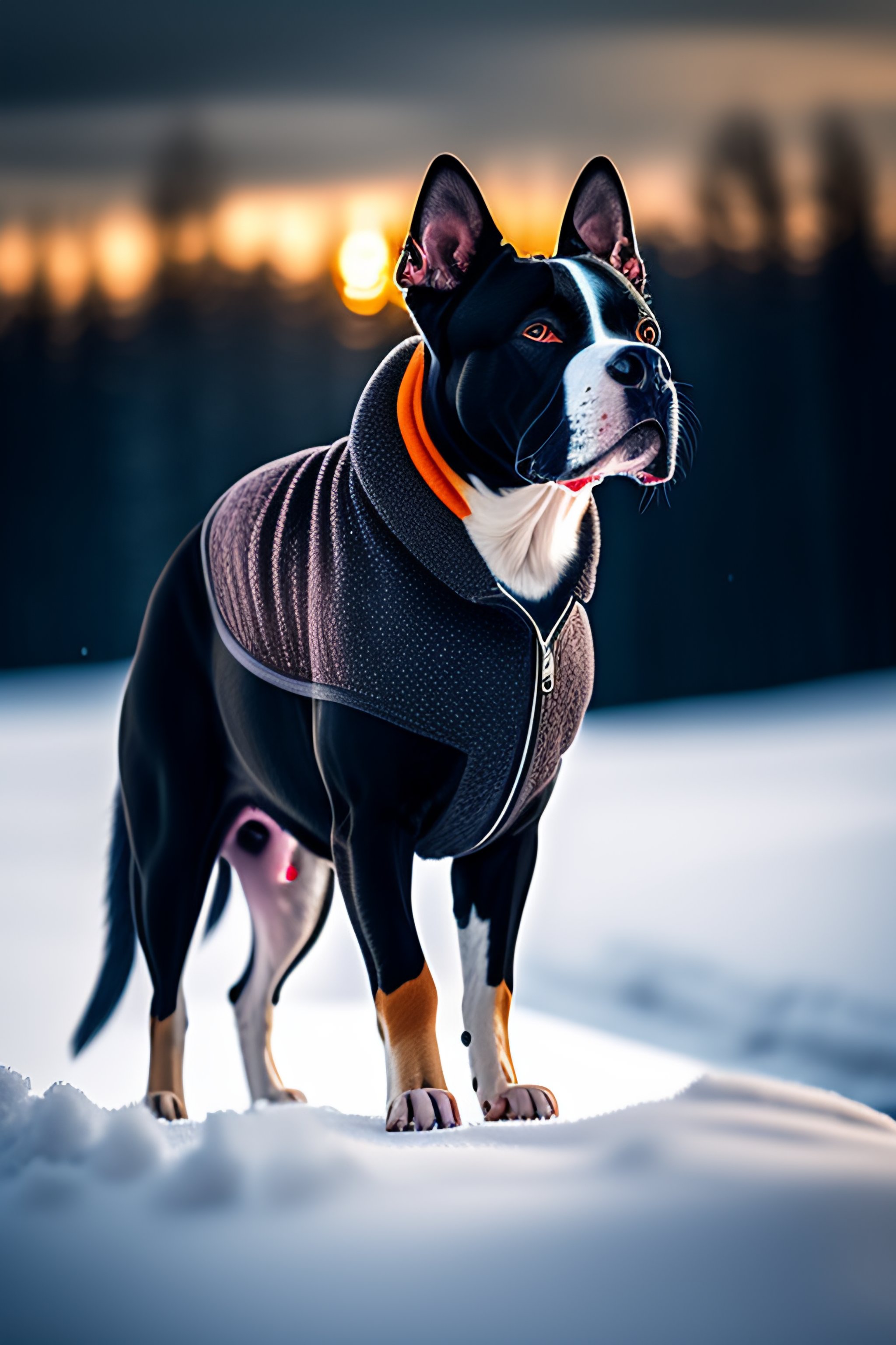 Lexica American staffy wearing a spikey jacket standing on the snow