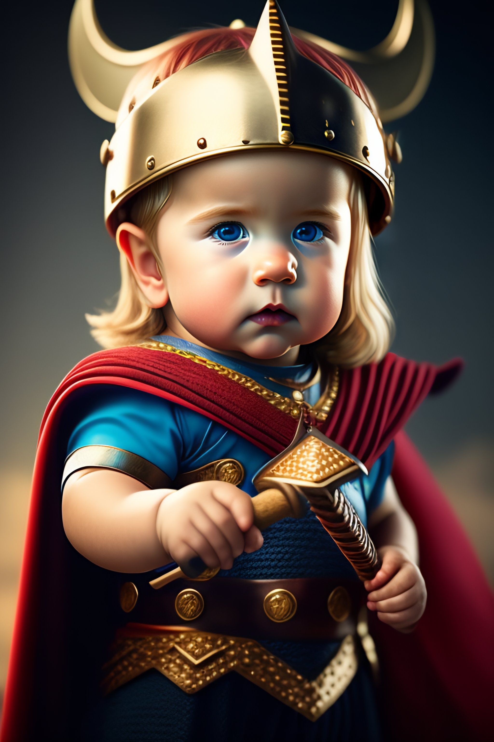 Lexica - Baby Thor, with traditional Viking helmet, holding Mjölnir ...