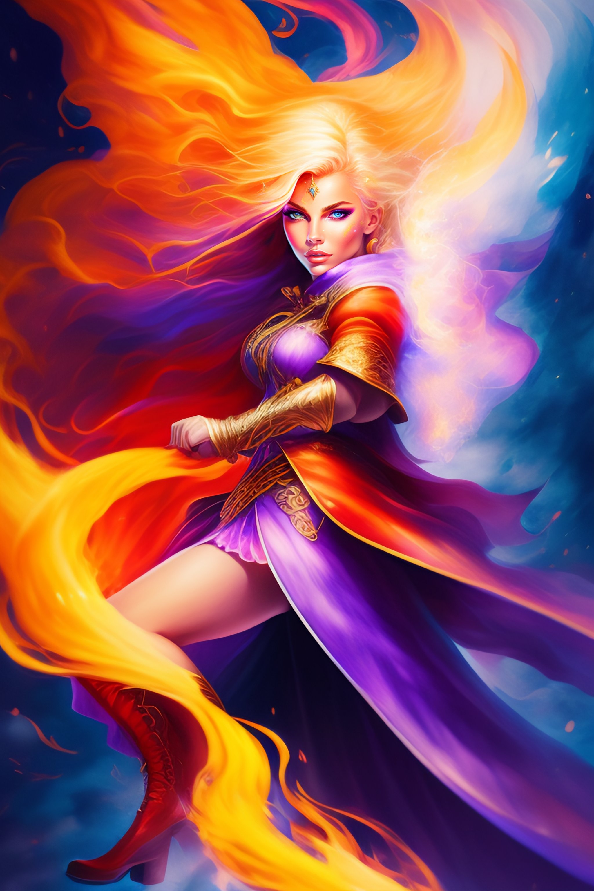 Lexica - Watercolor style, beautiful blond witch fighting deamon ...