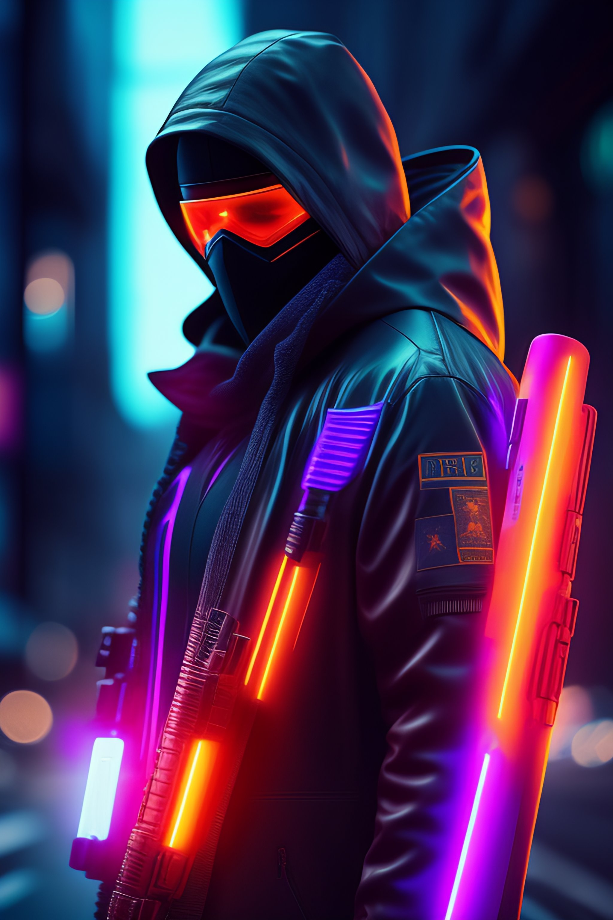 Lexica - Futeristic cyberpunk masked assassin, shooting gun, heavy rain ...