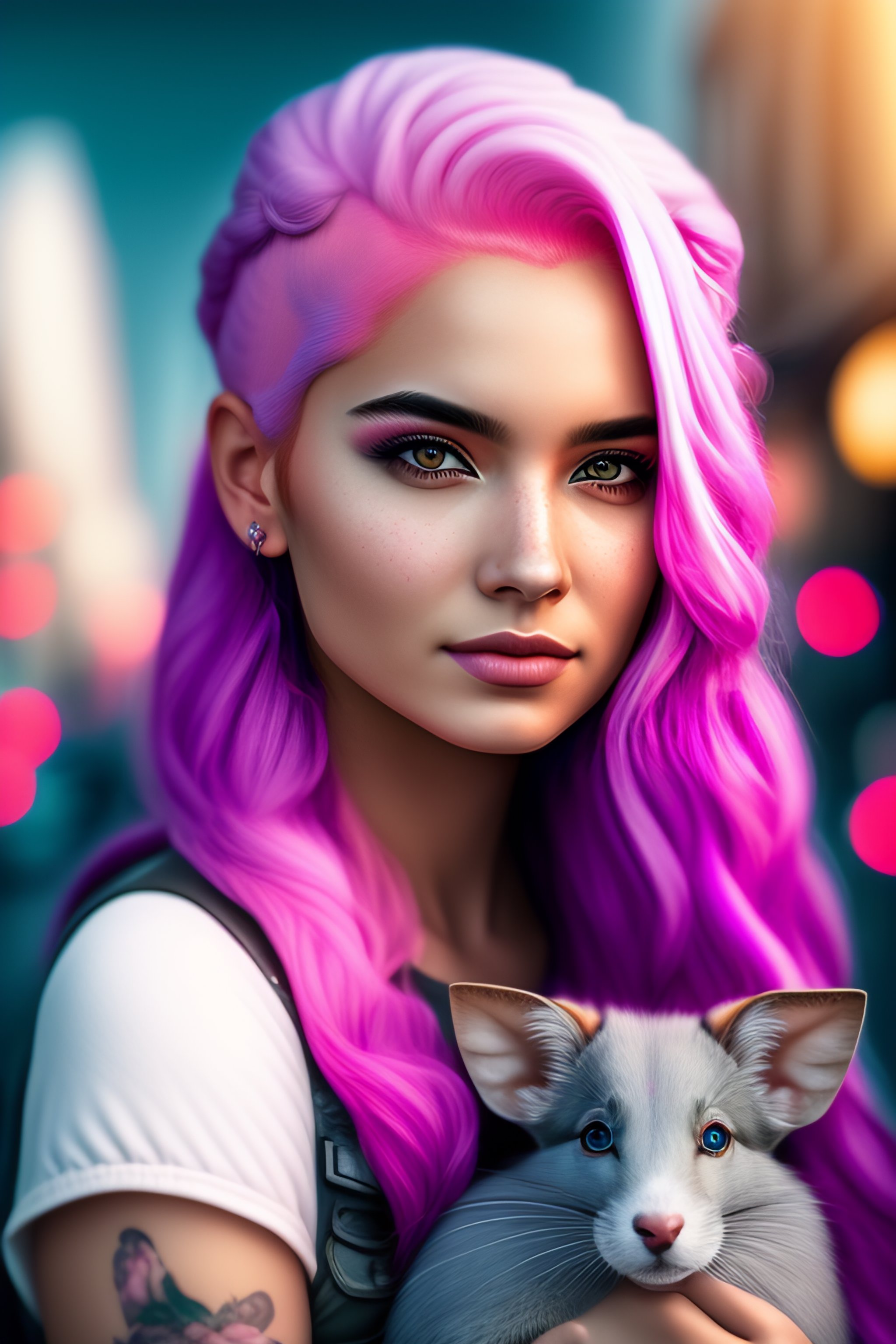 Lexica - Portrait of a girl with pink hair and gray eyes holding a rat ...