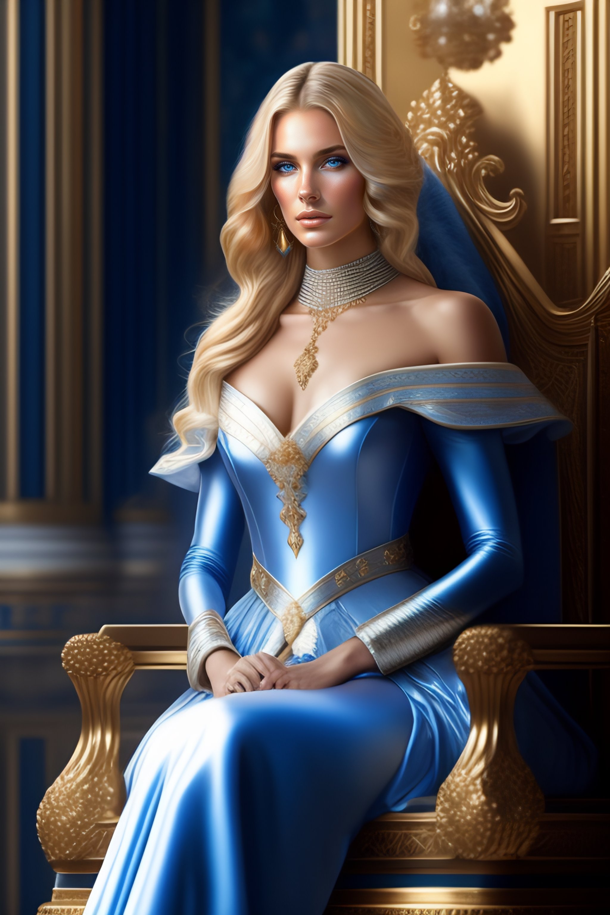 Lexica - Beautiful blonde princess woman wearing blue and white sexy  clothes and silver jewels, sitting in a throne near the door of palace,  full-bod...