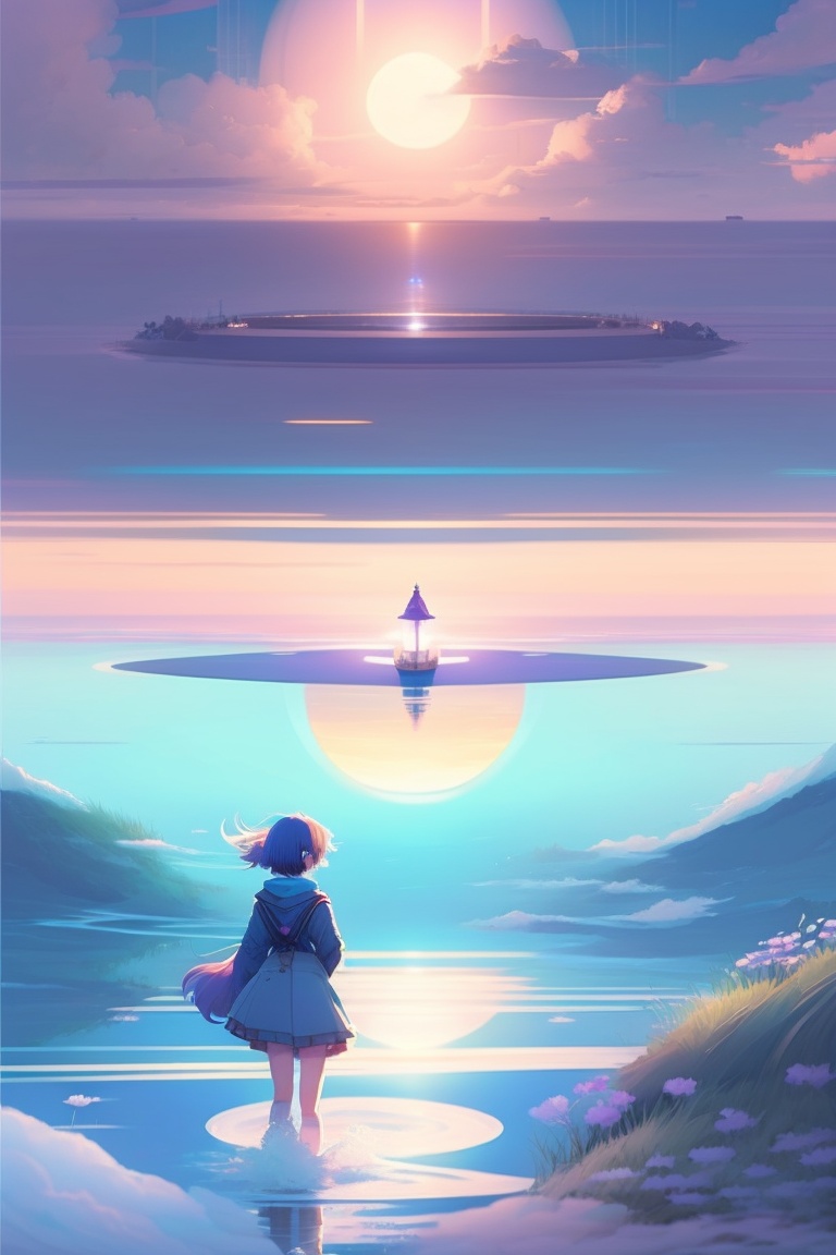 Lexica - Anime girl walking on water, ripples, backdrop of dawn, saturn ...