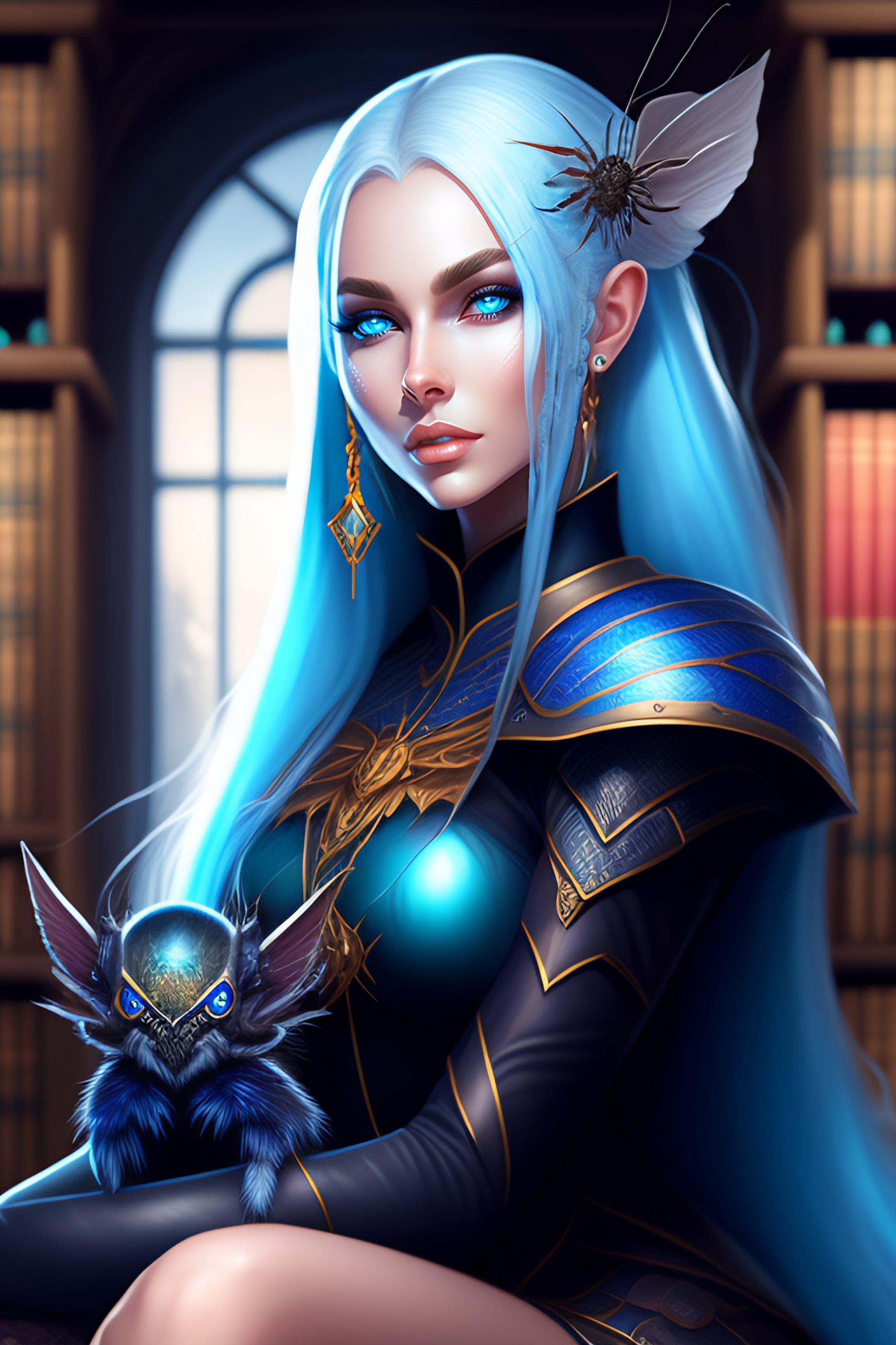 Lexica A Dark Elf Girl With Pale Blue Eyes Sitting In A Library And Holding A Spider Extreme 