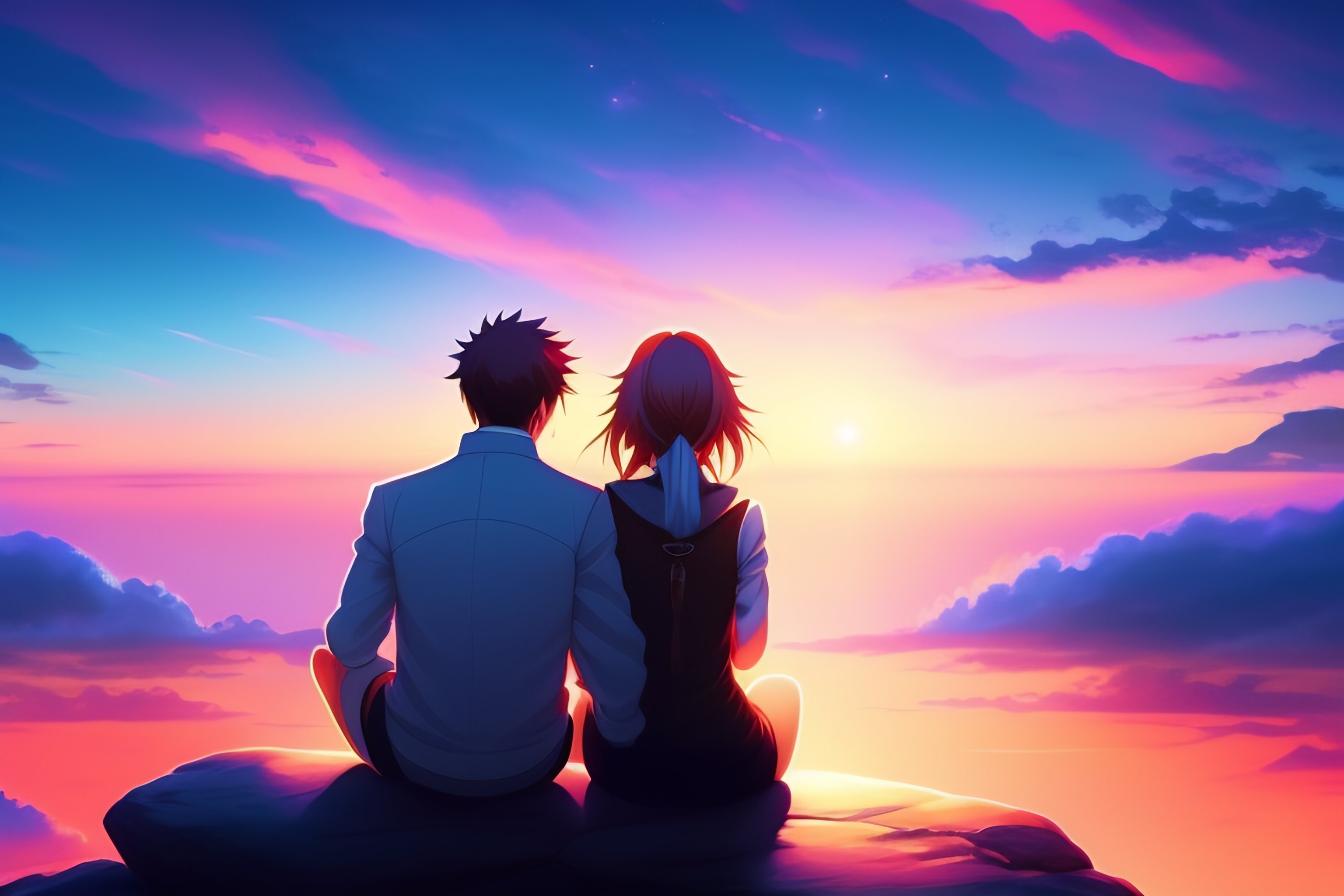 Lexica - A loving couple sitting on a rock looking over to a beautiful  alley, beautiful sky, beautiful lighting, anime style