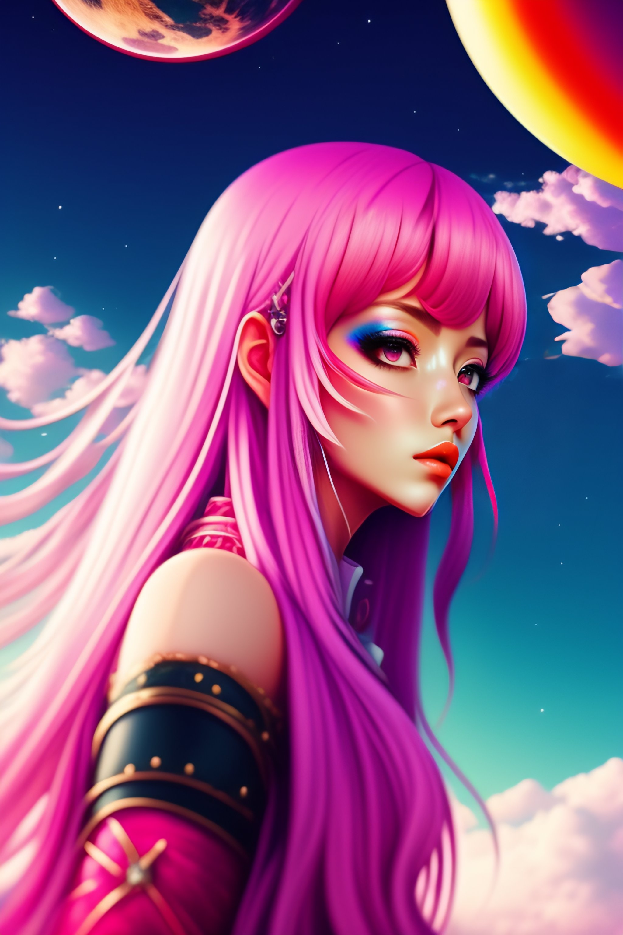 Lexica - Full pink moon, anime, 1girl, long pink hair, view in camera,  cowboy shot, view in camera, rainbow eyes