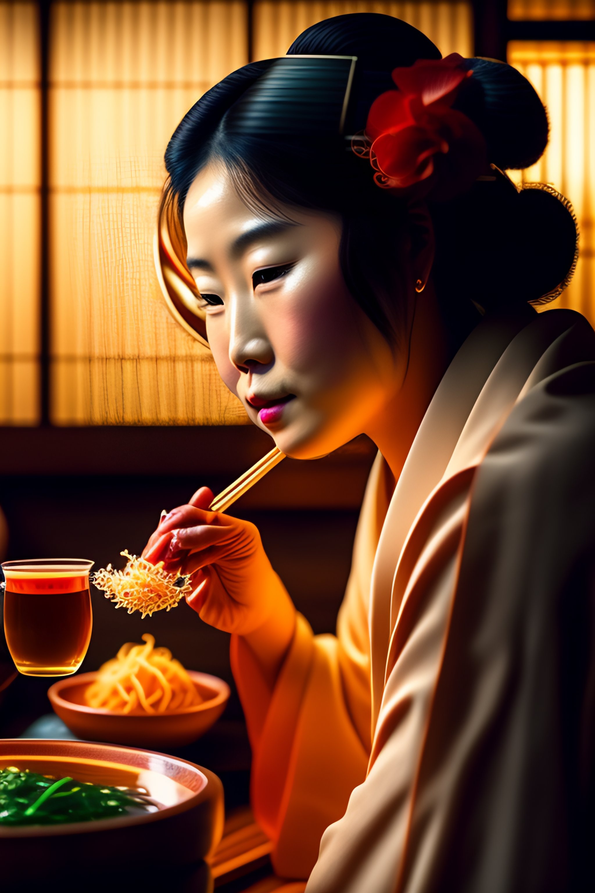 Lexica - A delicate geisha eating noodles at a cozy kyoto izakaya