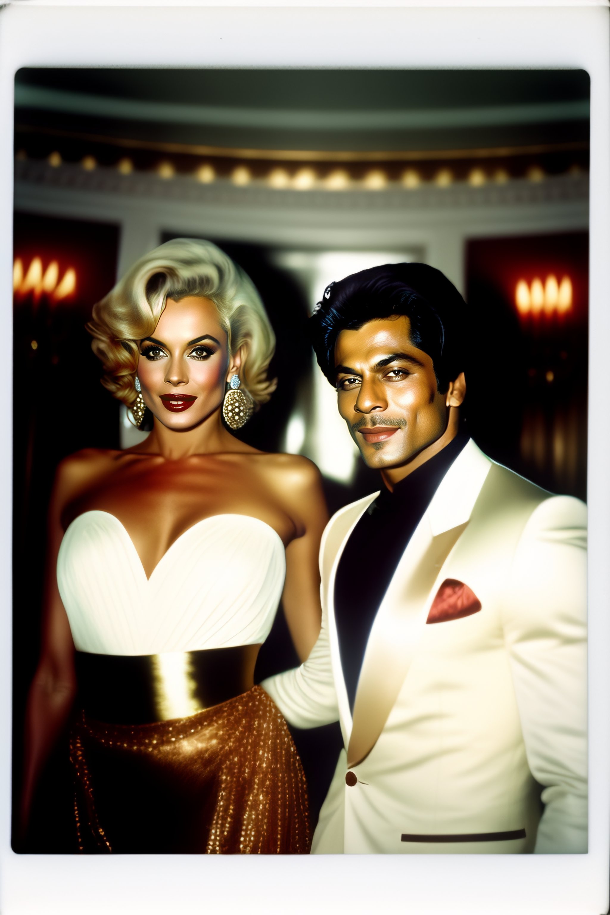 Lexica - Polaroid portrait of Shah Rukh Khan posing n u d e in the white  hose oval office with Marilyn Monroe, color, polaroid, historic photo