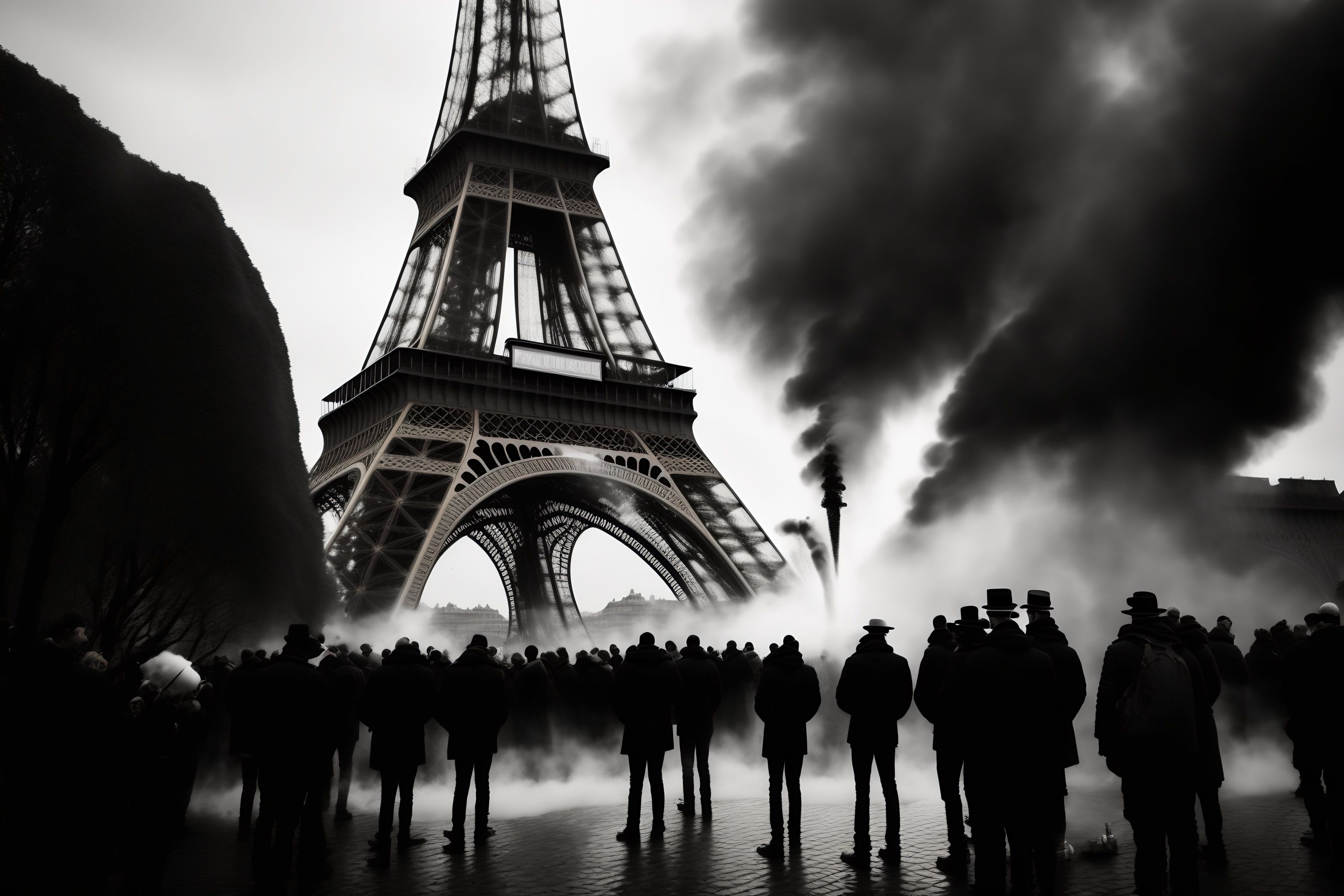 Lexica Old black and white photo of the Eiffel tower being set on