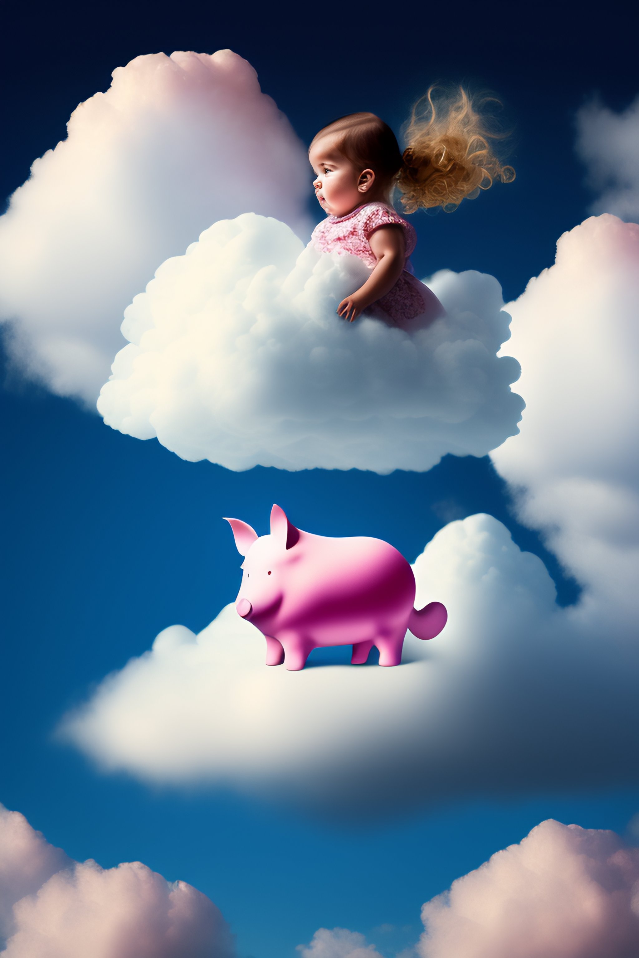 Lexica - A girl riding a Flying pig in clouds