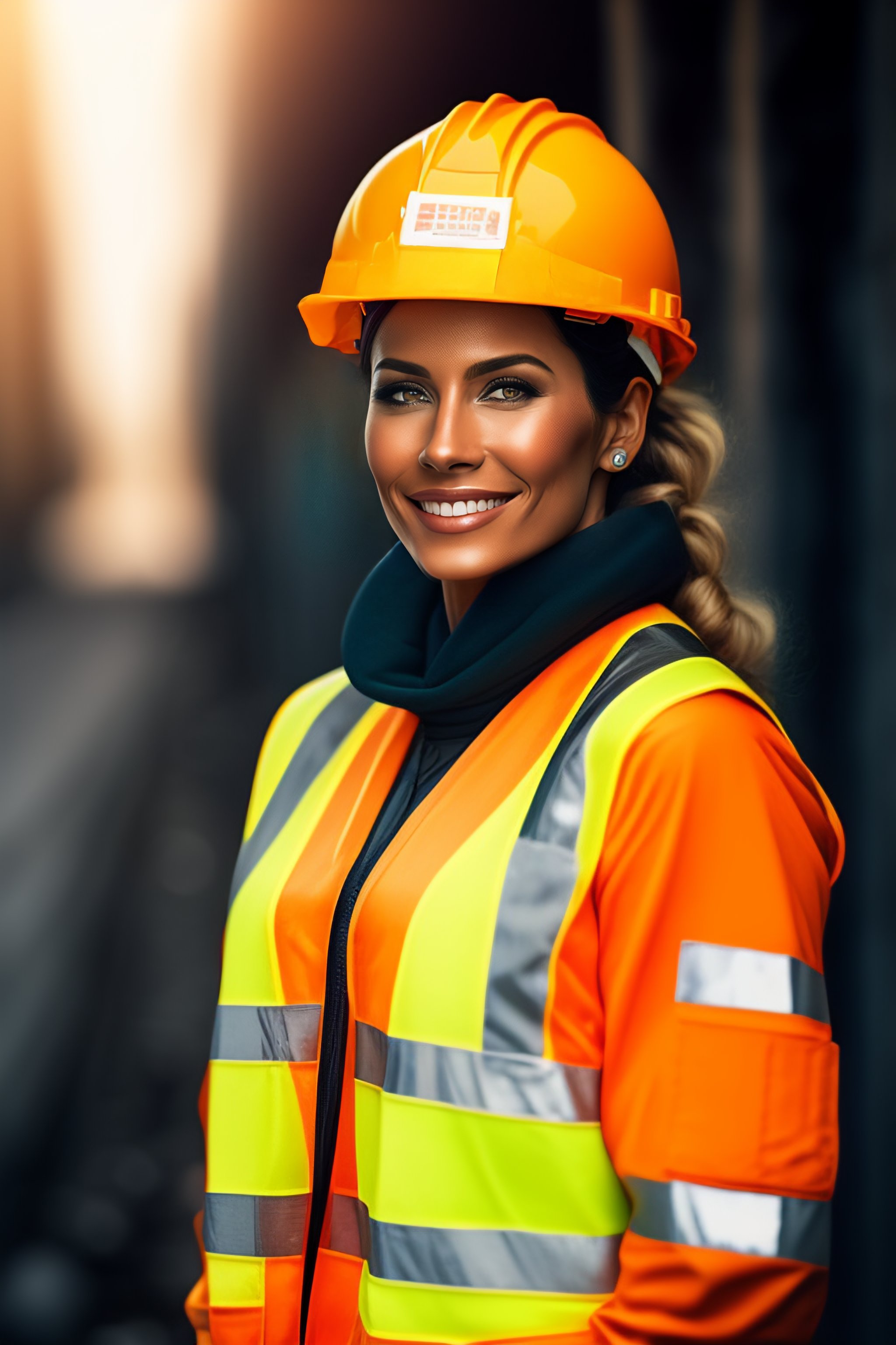 Lexica A smiling female arms crossed in a construction worker costume