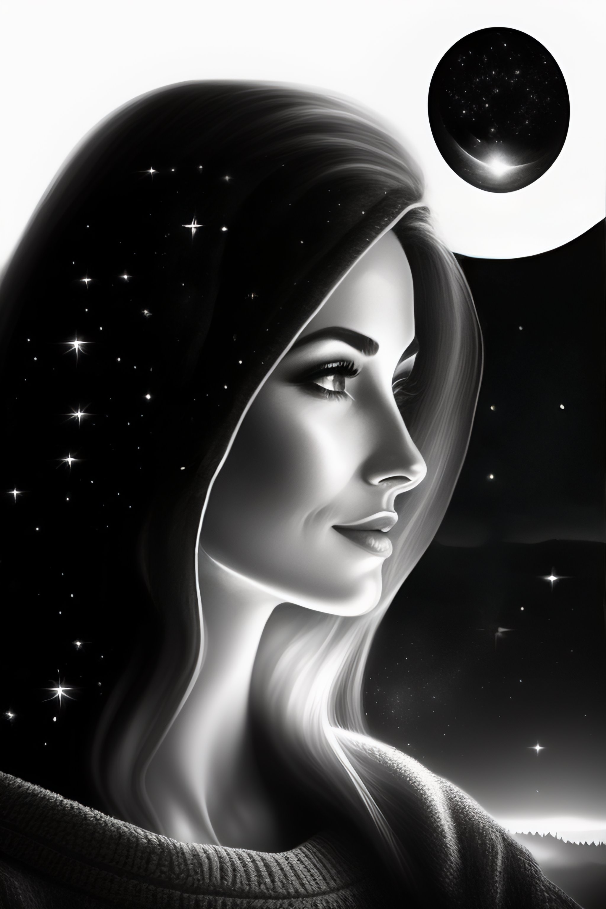 Lexica - Women looking at the stars, black and white, logo,