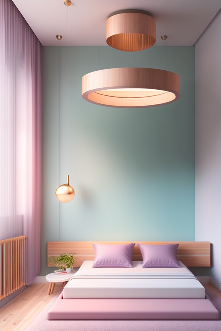 Lexica - Bedroom interior, bed, minimalism, pastel colors, natural wood ...