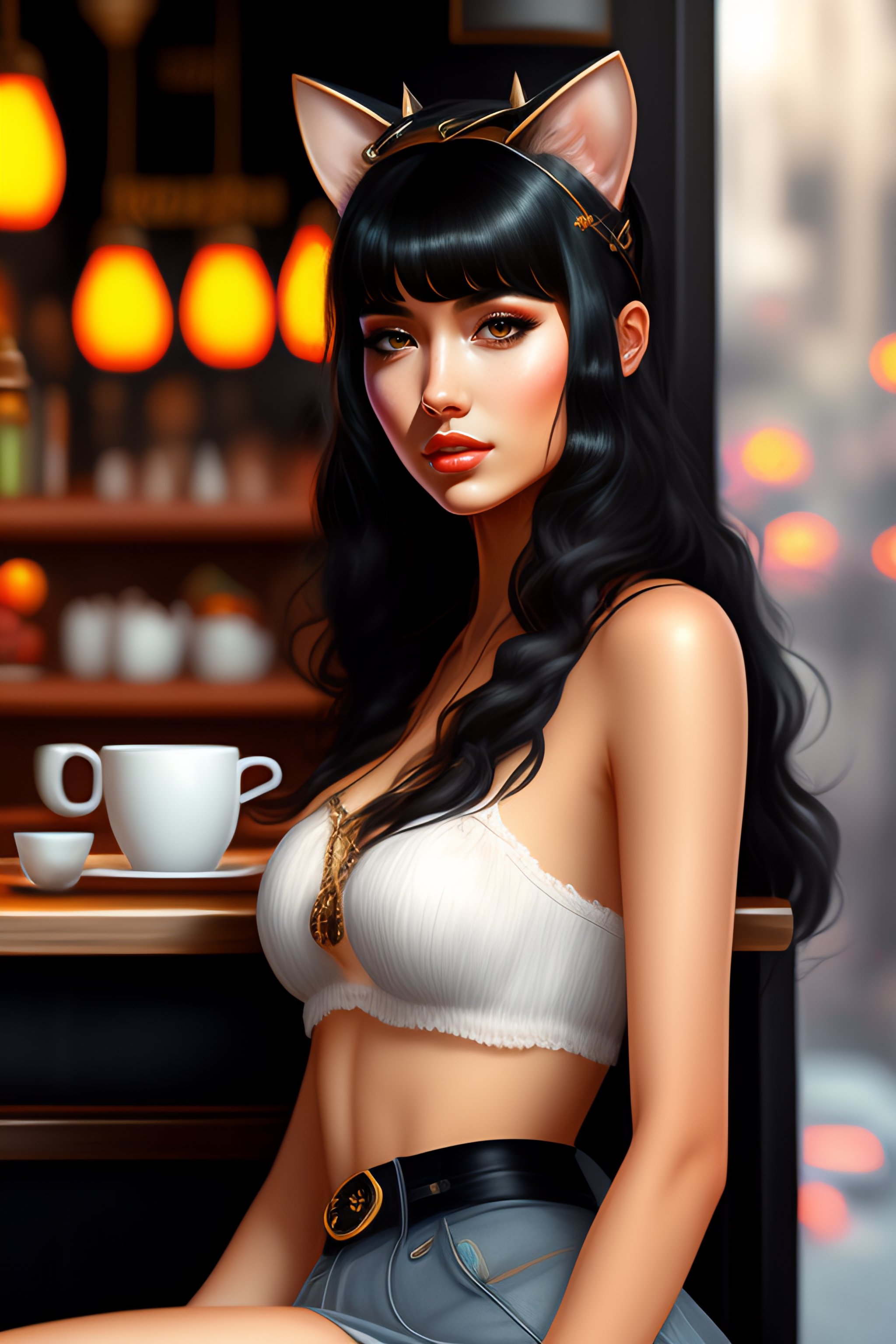 Lexica Egirl, fully body, black hair, bangs, cat ears, in a cafe