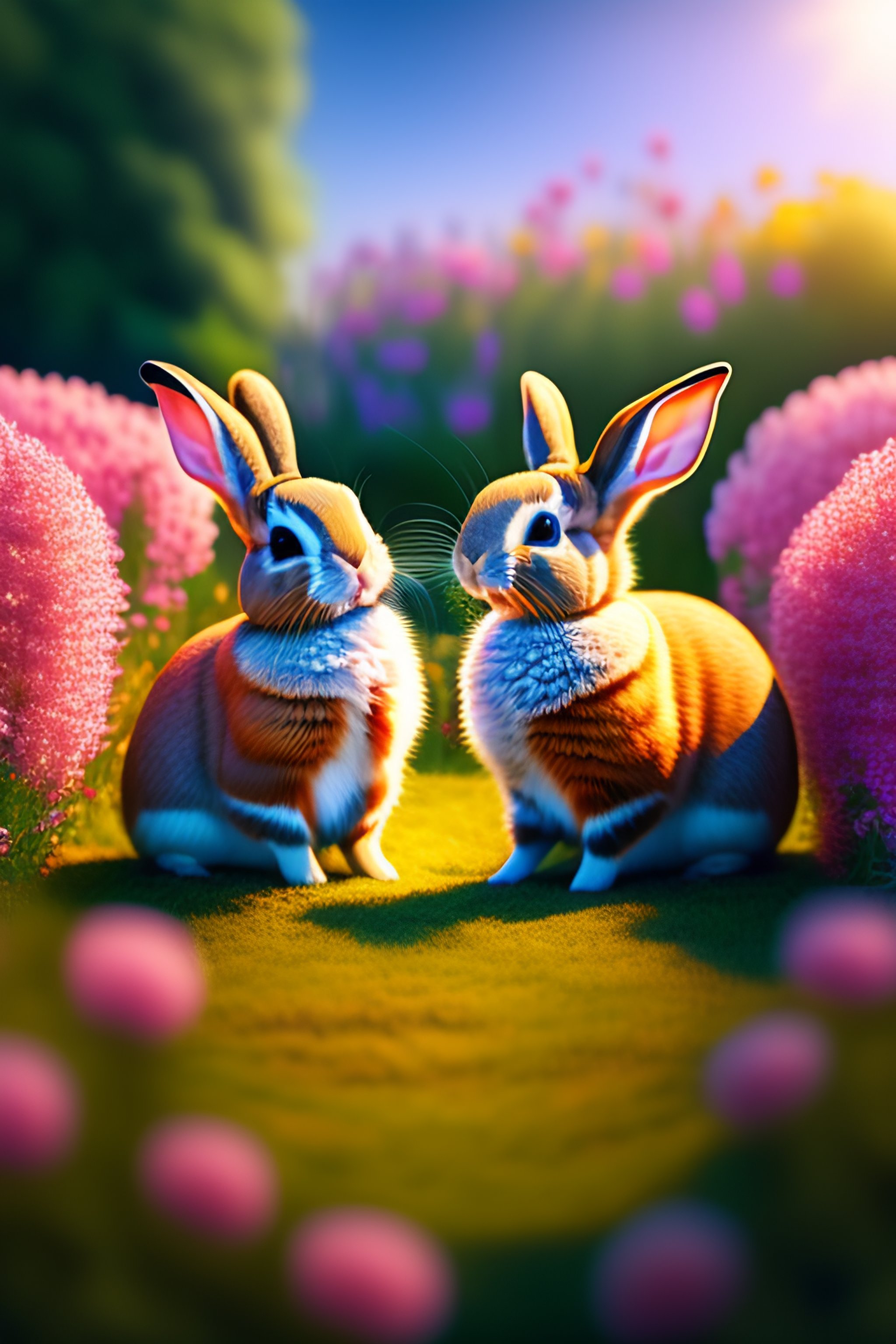 Lexica - Mid-shot two cute rabbits playing in a flower garden best ...