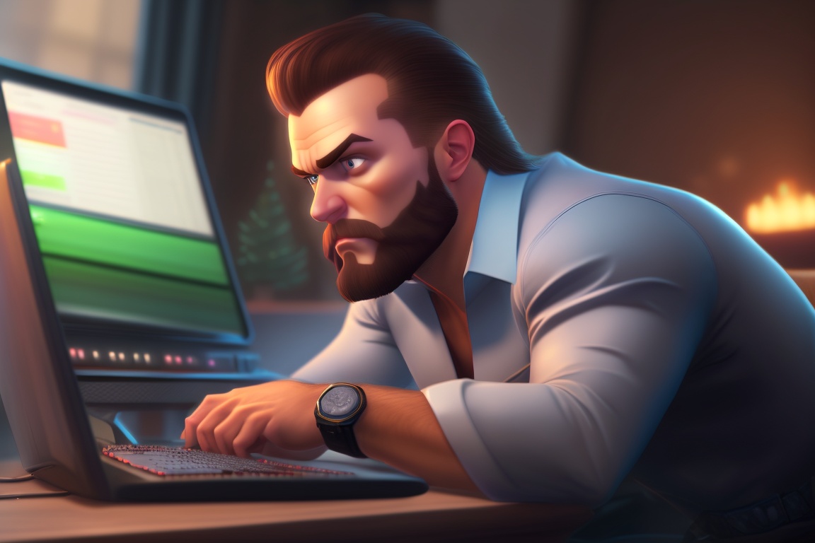 Lexica - Man sitting at a computer, license in hand, evil smirk
