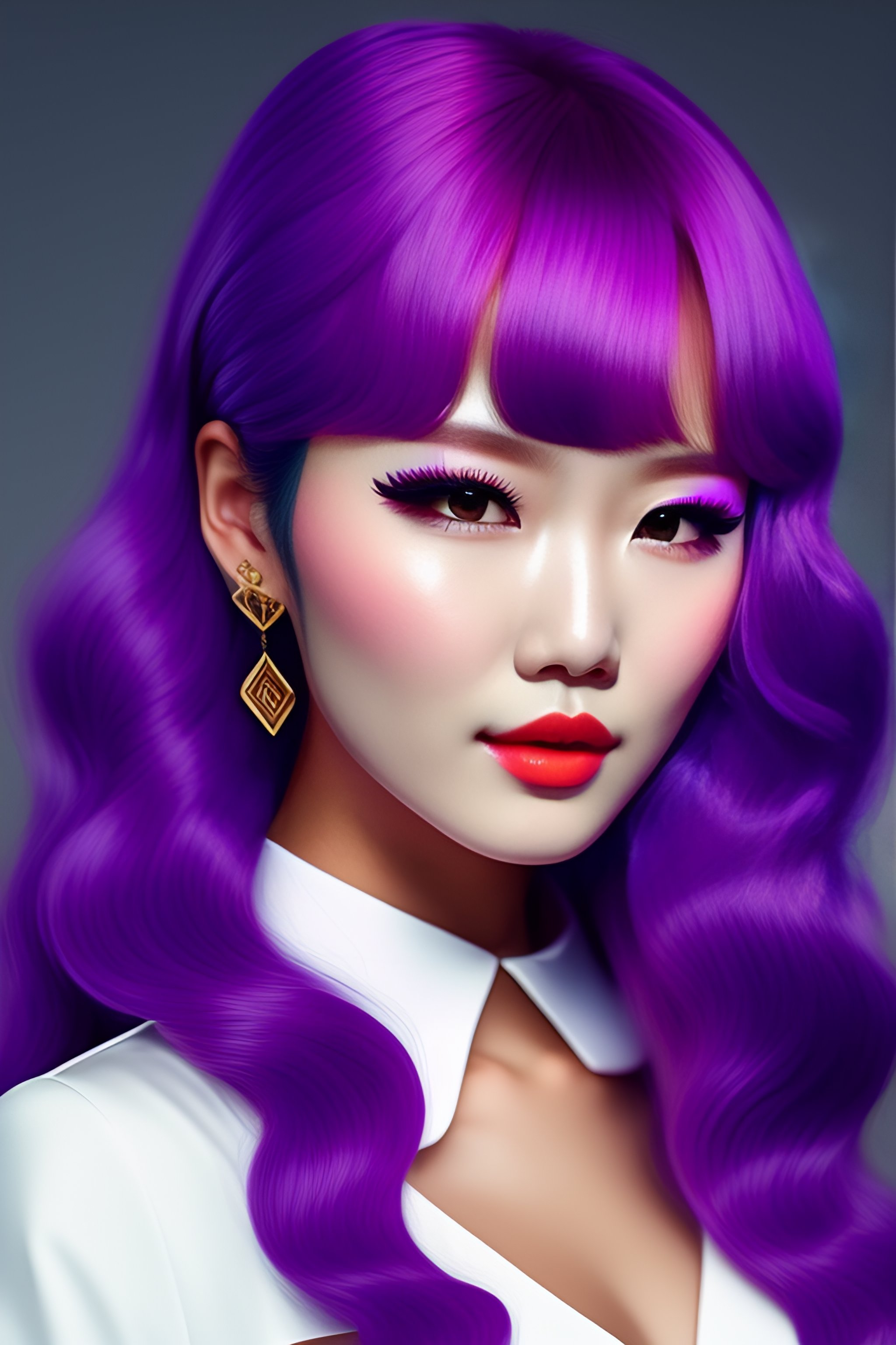 Lexica - A portrait shot of Nancy momoland fashion model girl,in anime  style, purple hair, earnings in here ears, ultra realistic shot