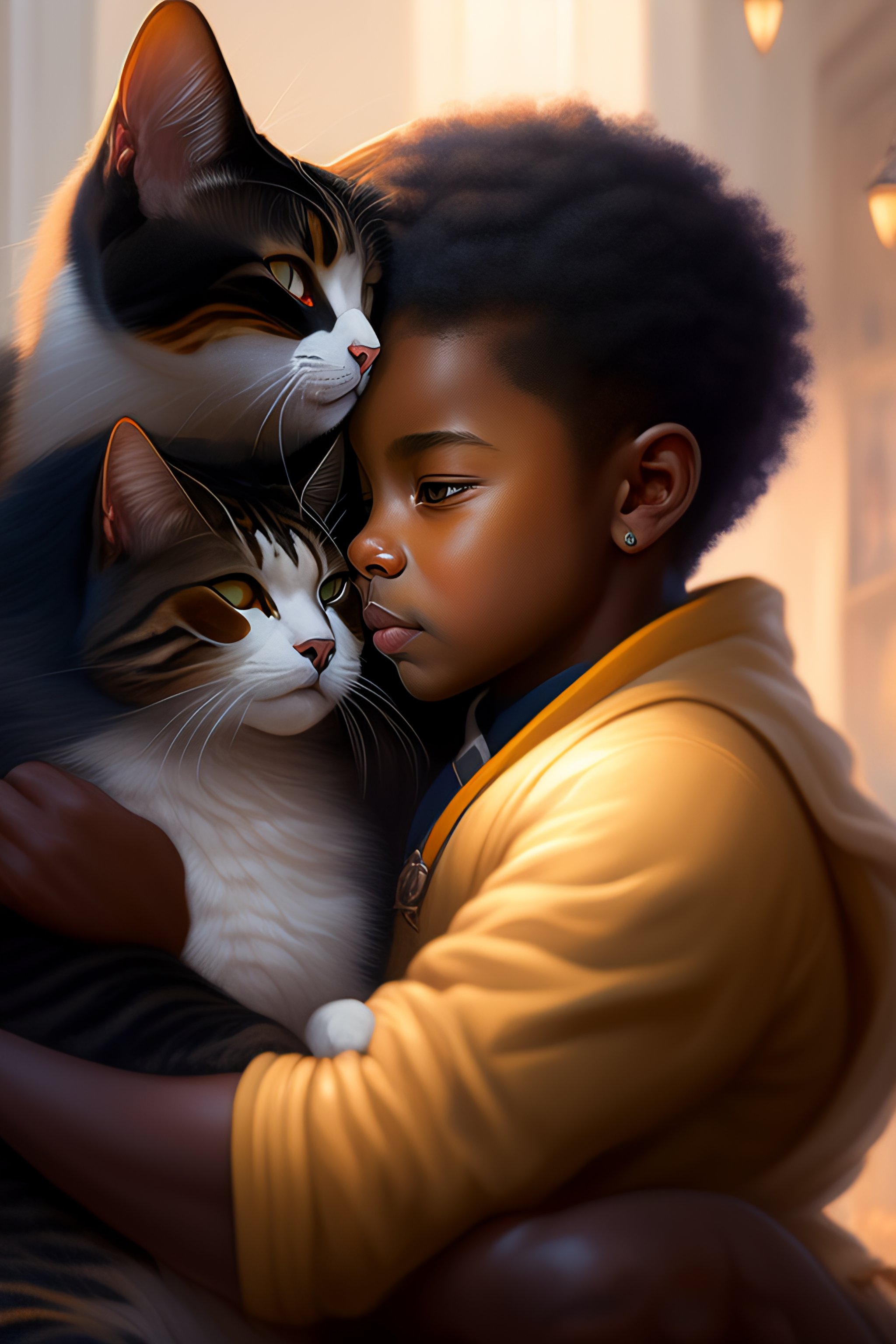 Lexica - A detailed portrait of a cute calm black guy hugging a tabby ...
