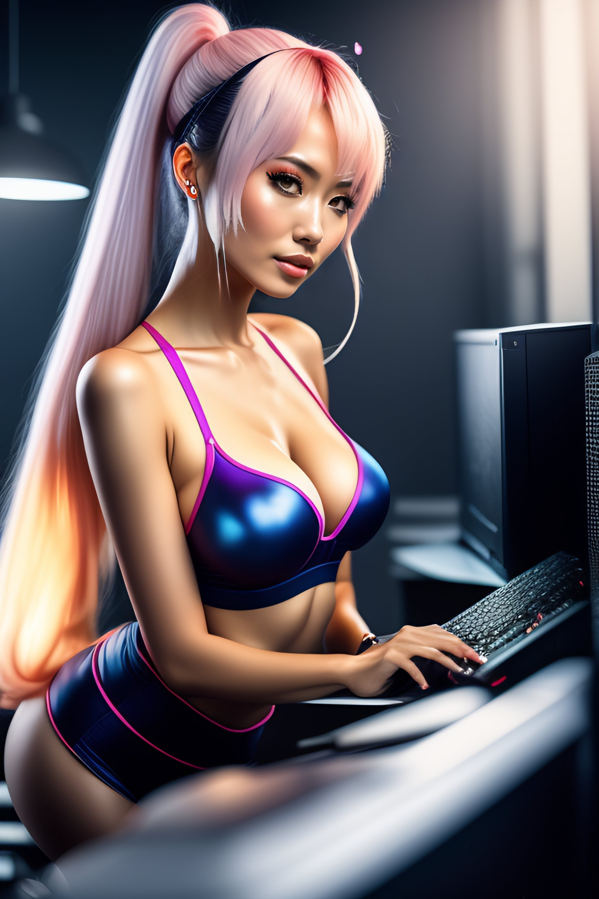 Lexica Sexy Anime Girl Working On Computer In Loft Skyline 