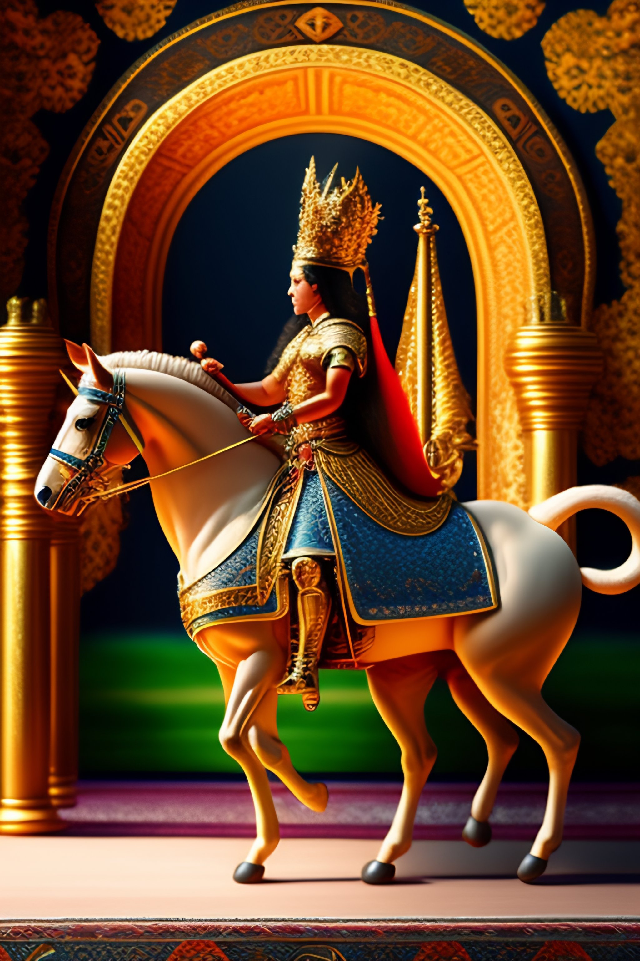 Lexica - Persian queen with bow riding a horse, crown of Koh I Noor ...