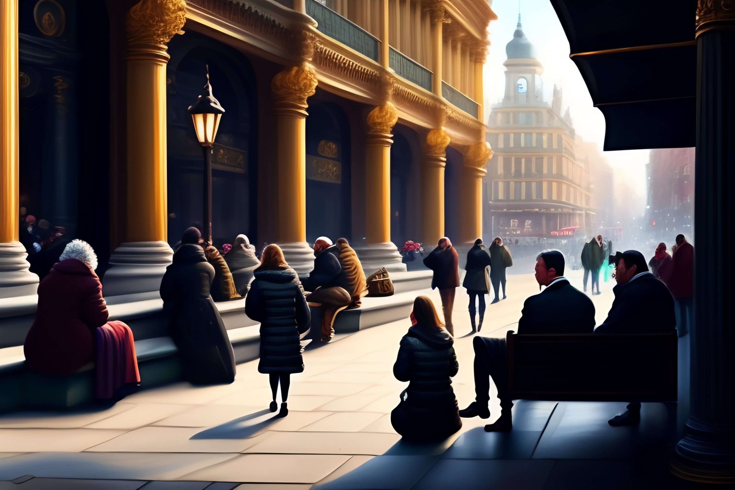 Lexica - A grand, ornate bench in the middle of a bustling city square ...