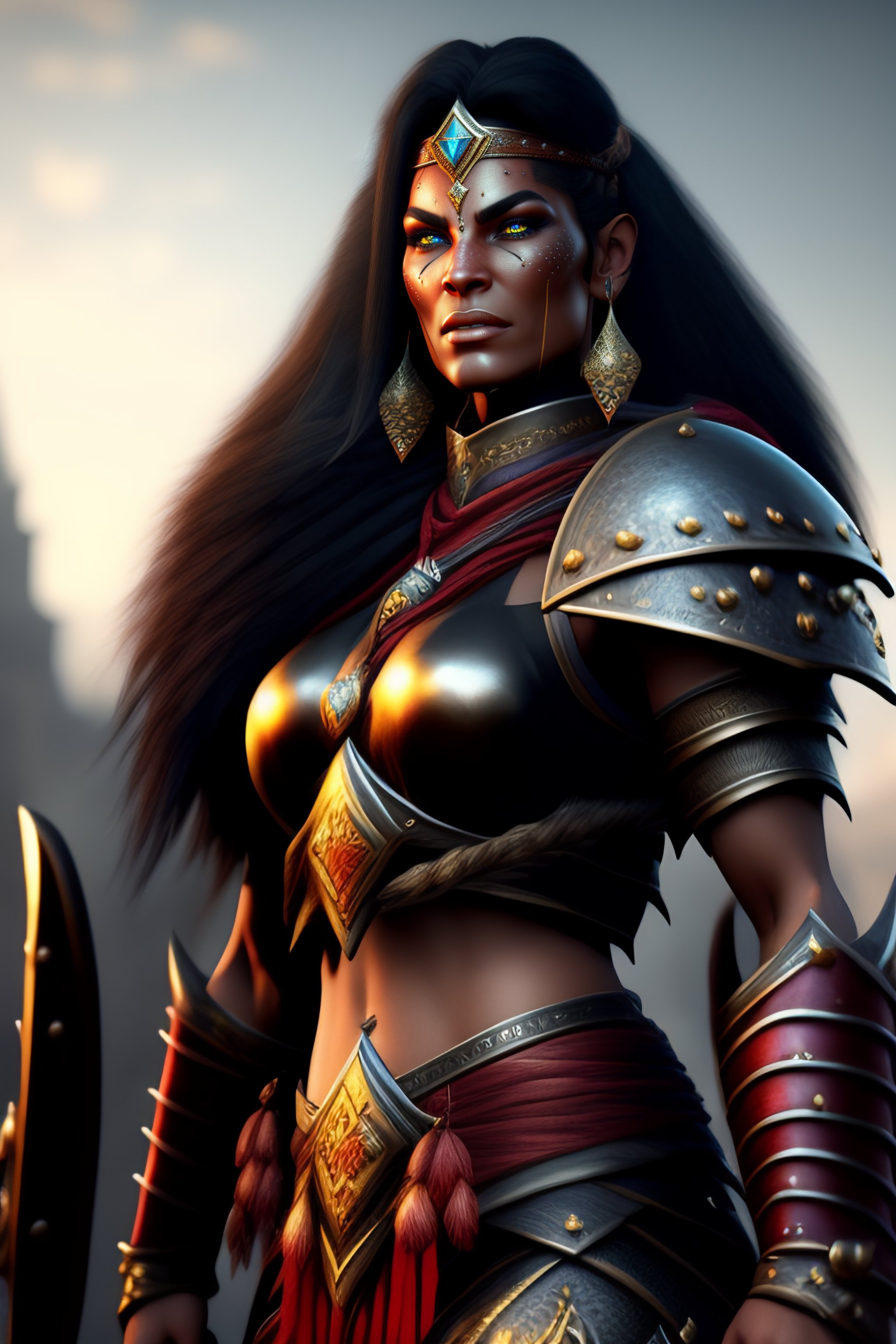 Lexica - A female orc warrior defence a gate in castle muscular,  fantasy,hyperrealistic,unreal engine rendering,hd,hdr,4K