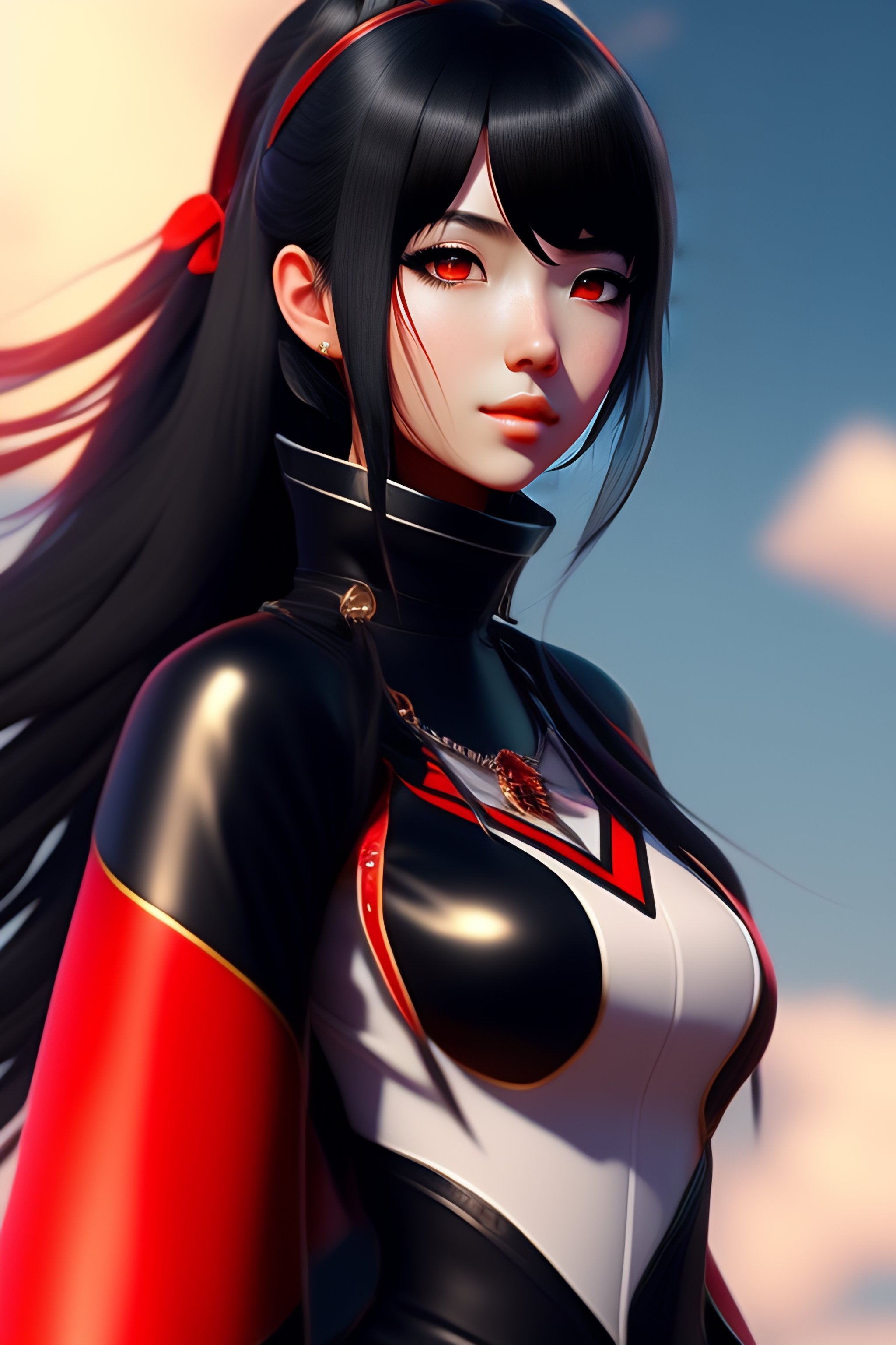 Lexica - Cute anime girl with red eyes black hair wearing black-red outfit  costume, black hair, black leather choker, in the beautiful landscape,  pho