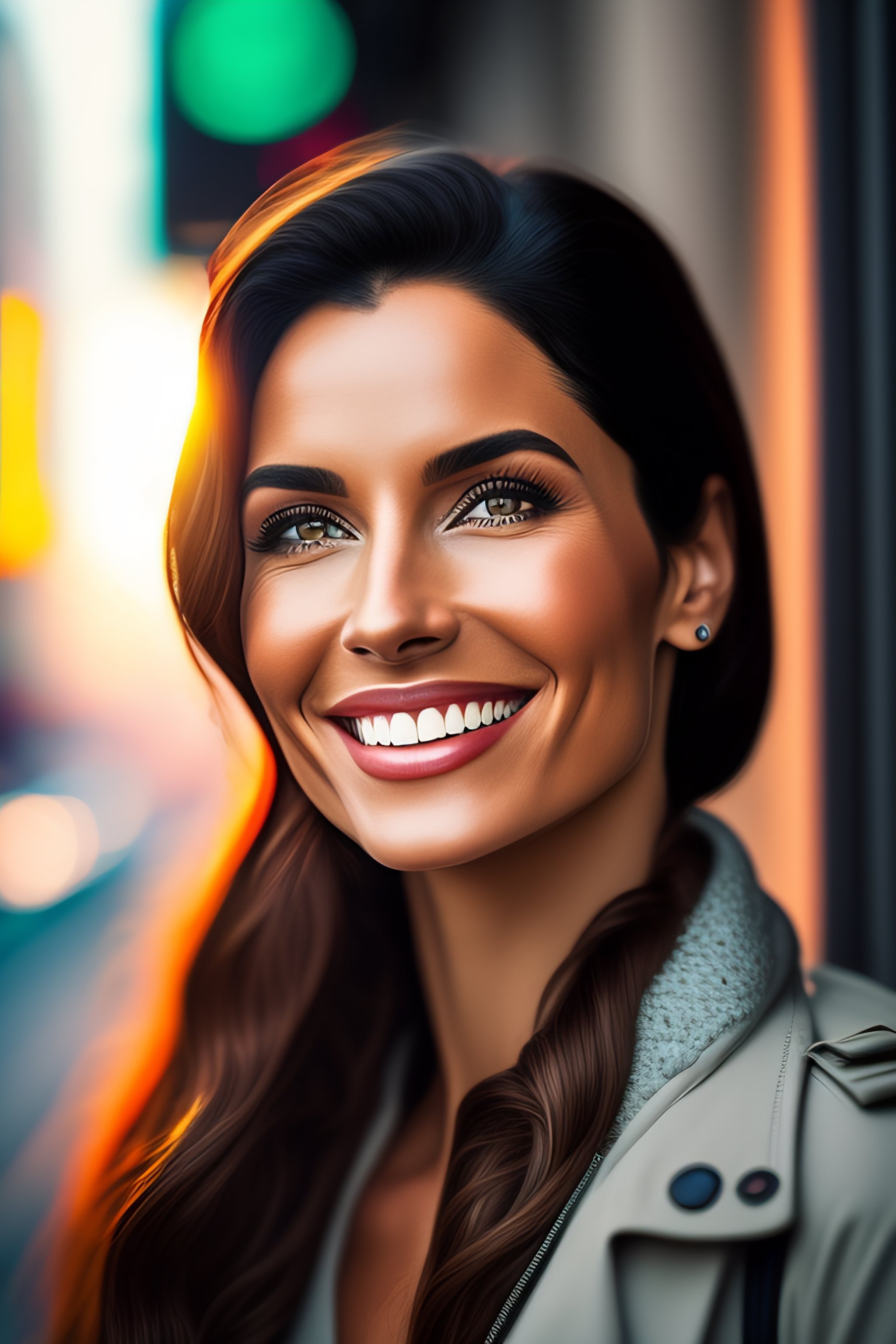 Lexica - Woman looking to the side and smiling in a city