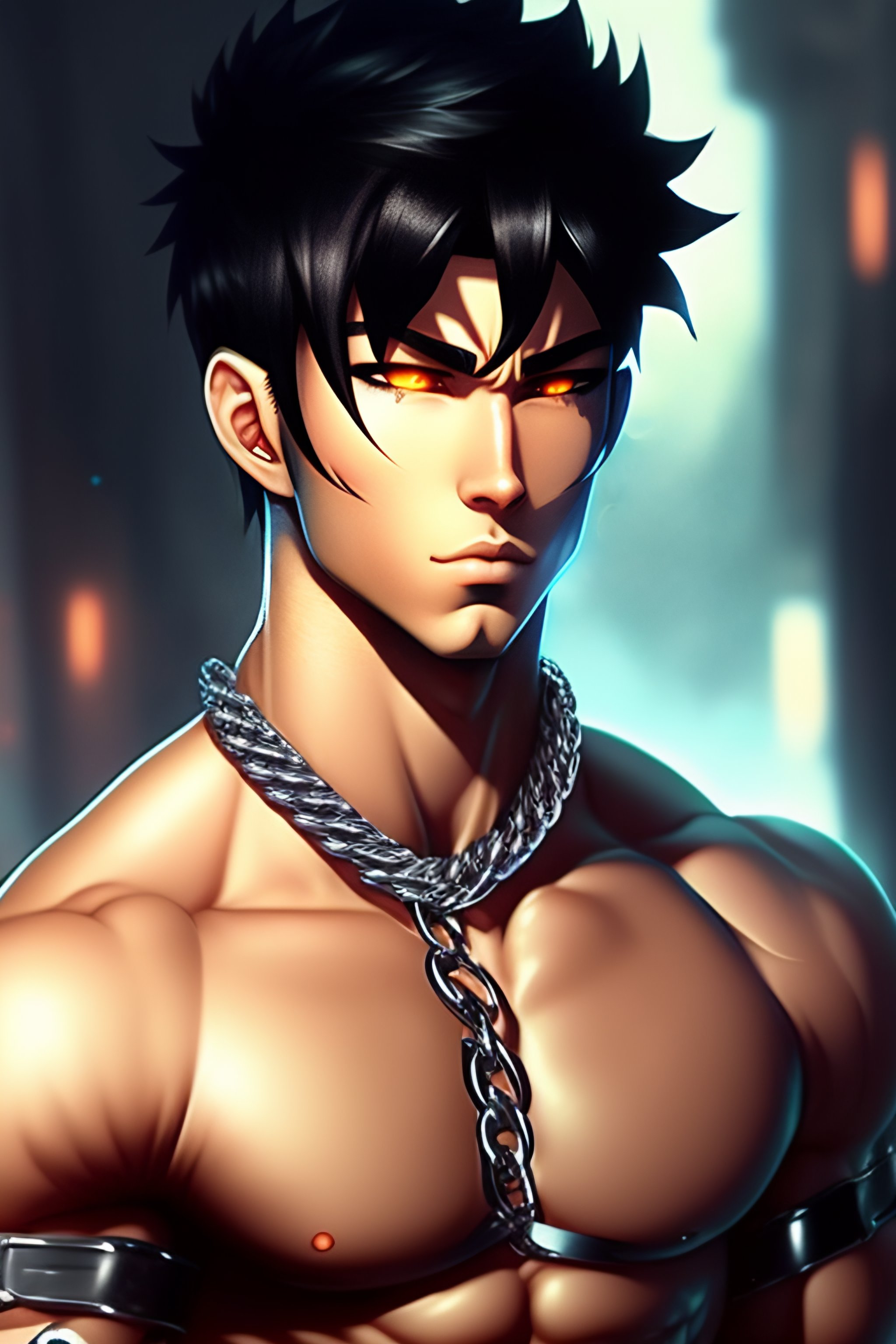 Lexica - Muscle , perfect , proportioned ,, Anime Young Guy, with black  hair, white skin, 8k, anime style, bold, lots of different piercings, a  litt