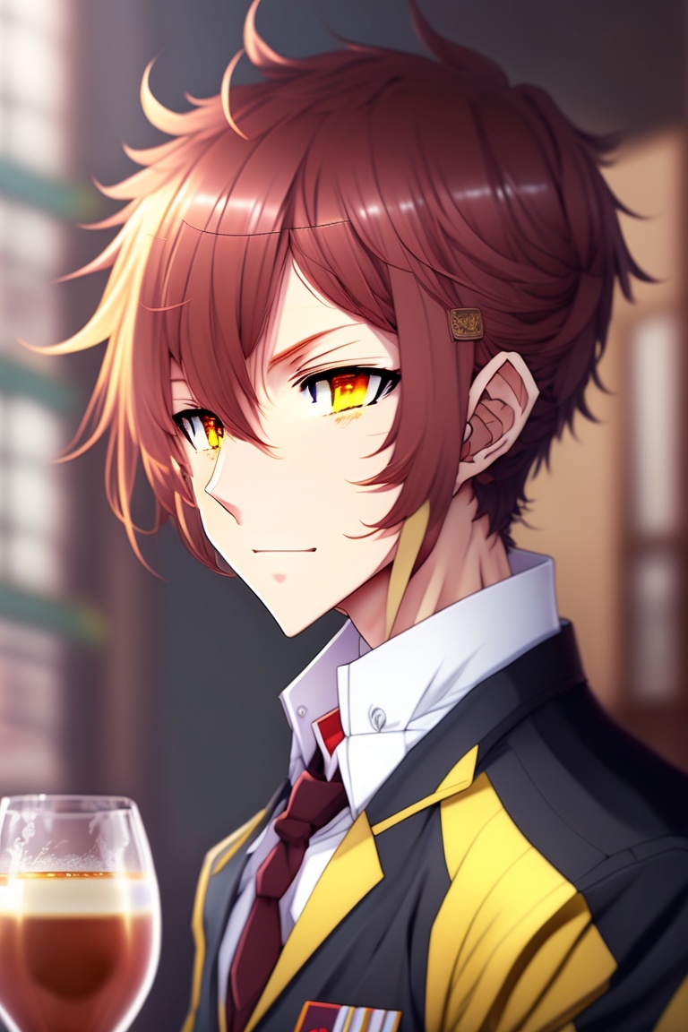 anime boy with red hair and yellow eyes