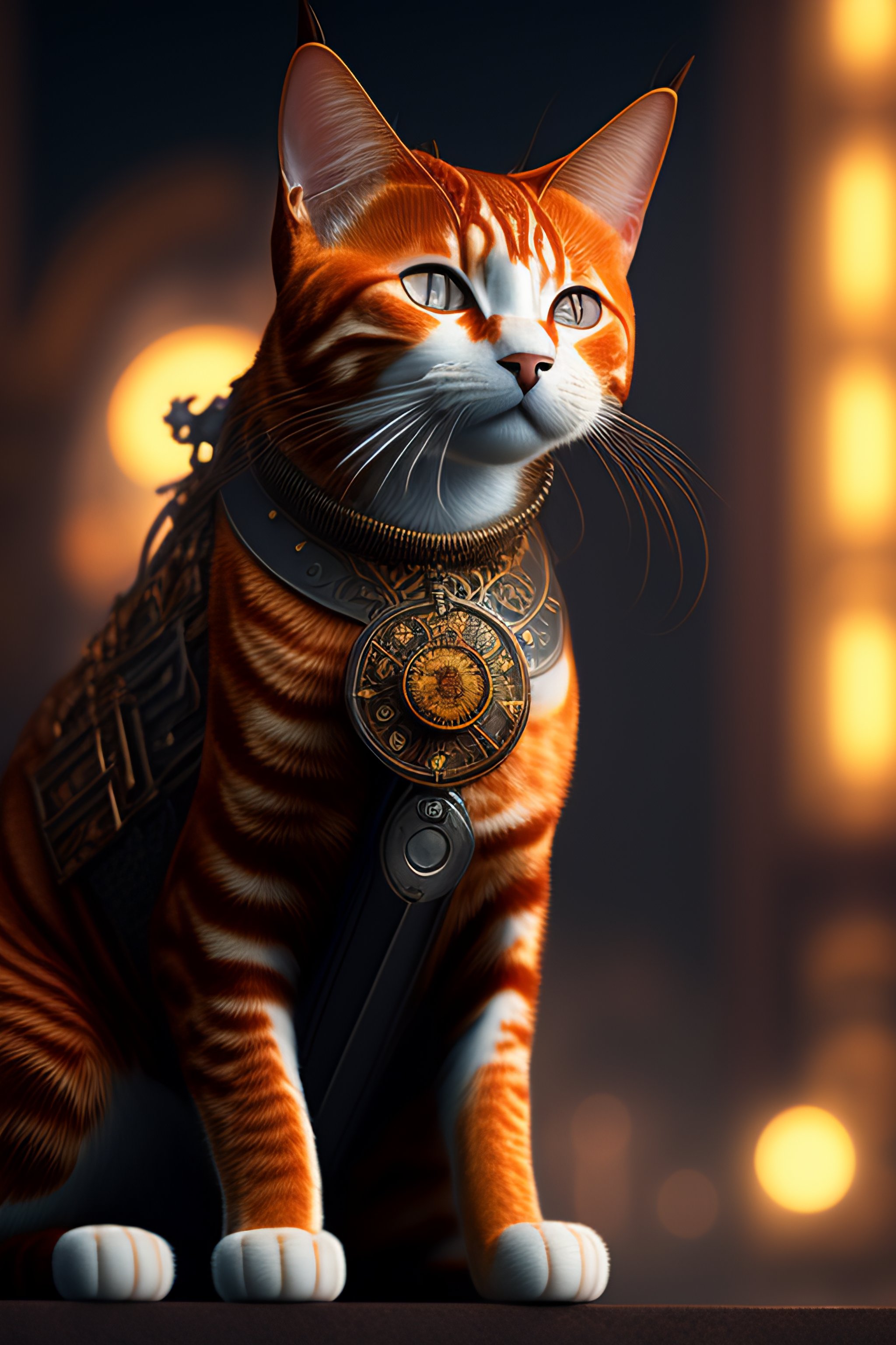 Lexica Portrait of a steampunk ginger cat made of rusty clocks, gadgets and tools dramatic