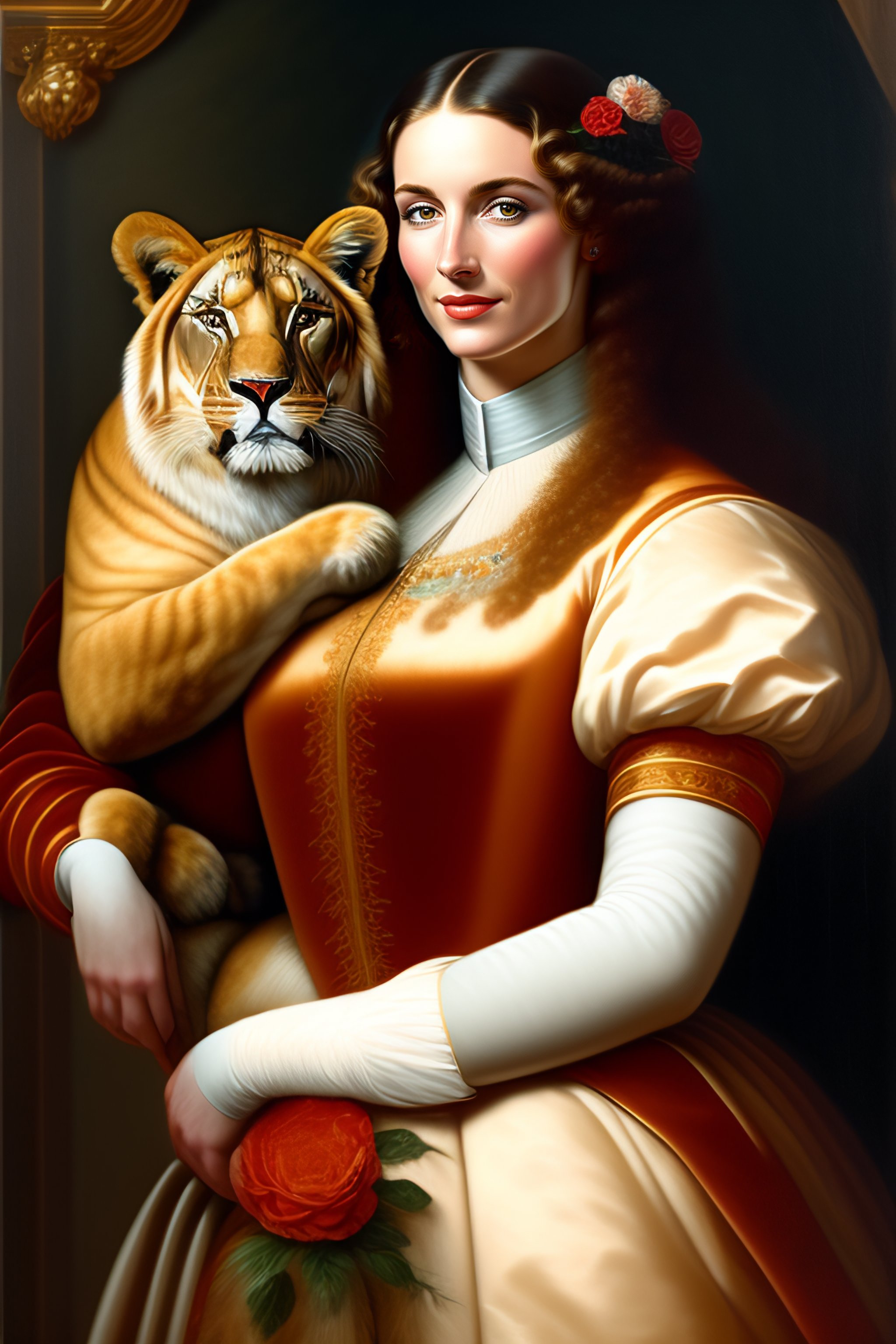 Lexica - Portrait of a woman holding a lion in one hand and a flower in ...