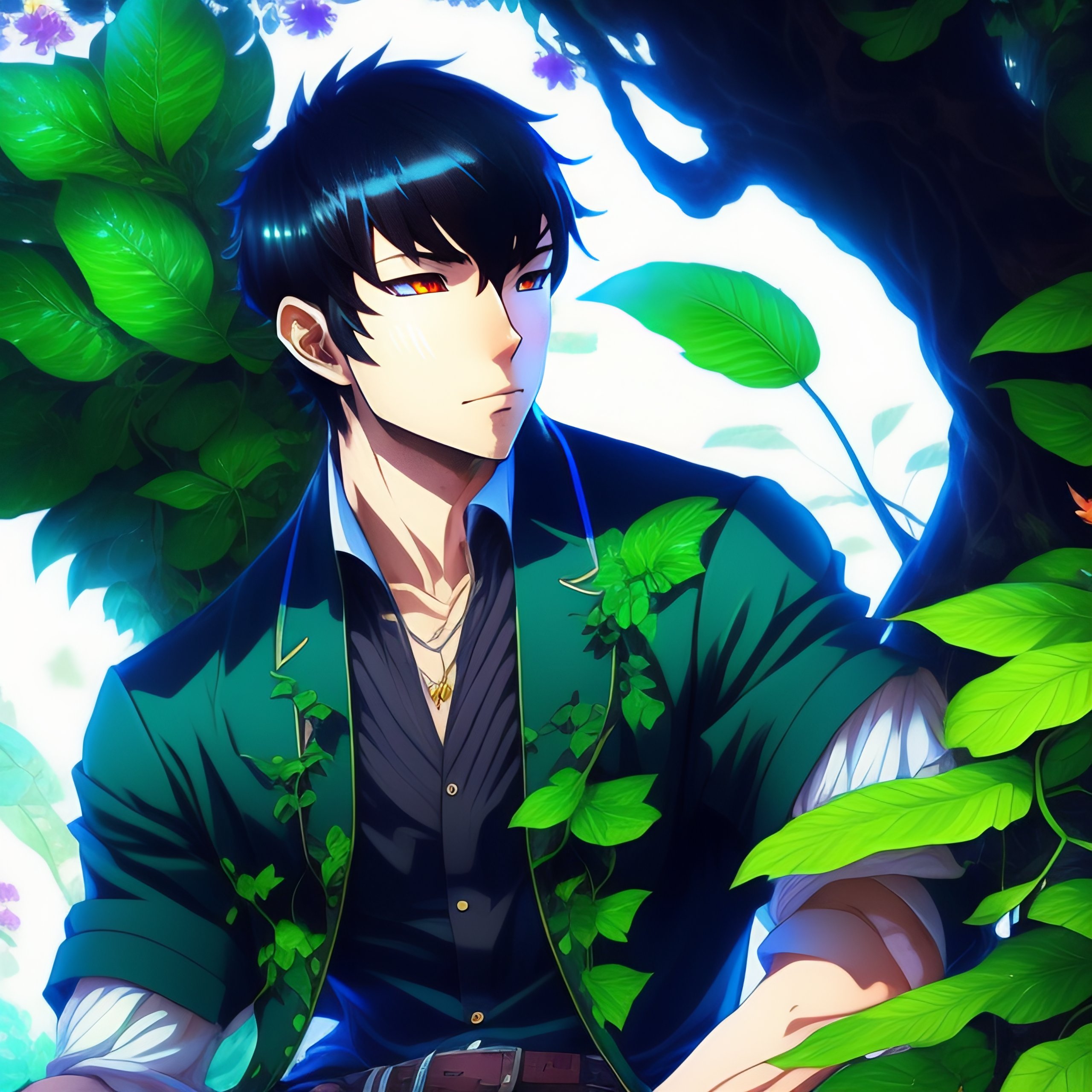 Lexica - Anime key visual of a 30yo developer man, short crew cut, black  hair, blue shirt, hummingbird on a shoulder, dc comics, vibrant green  vines,...