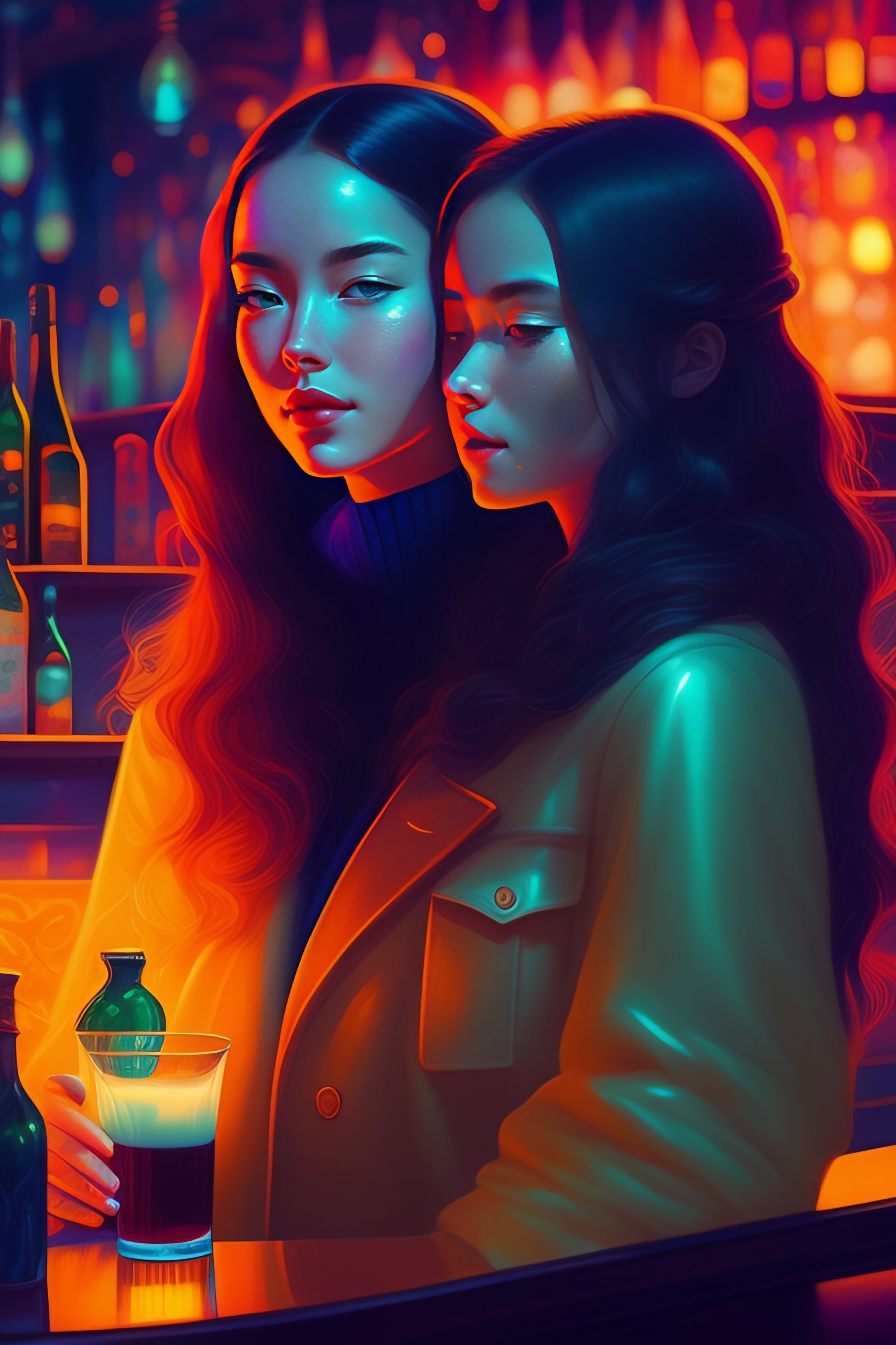 Lexica Two Beautiful European Young Girls At A Bar Holding Hands Epic Scene By Victo Ngai 