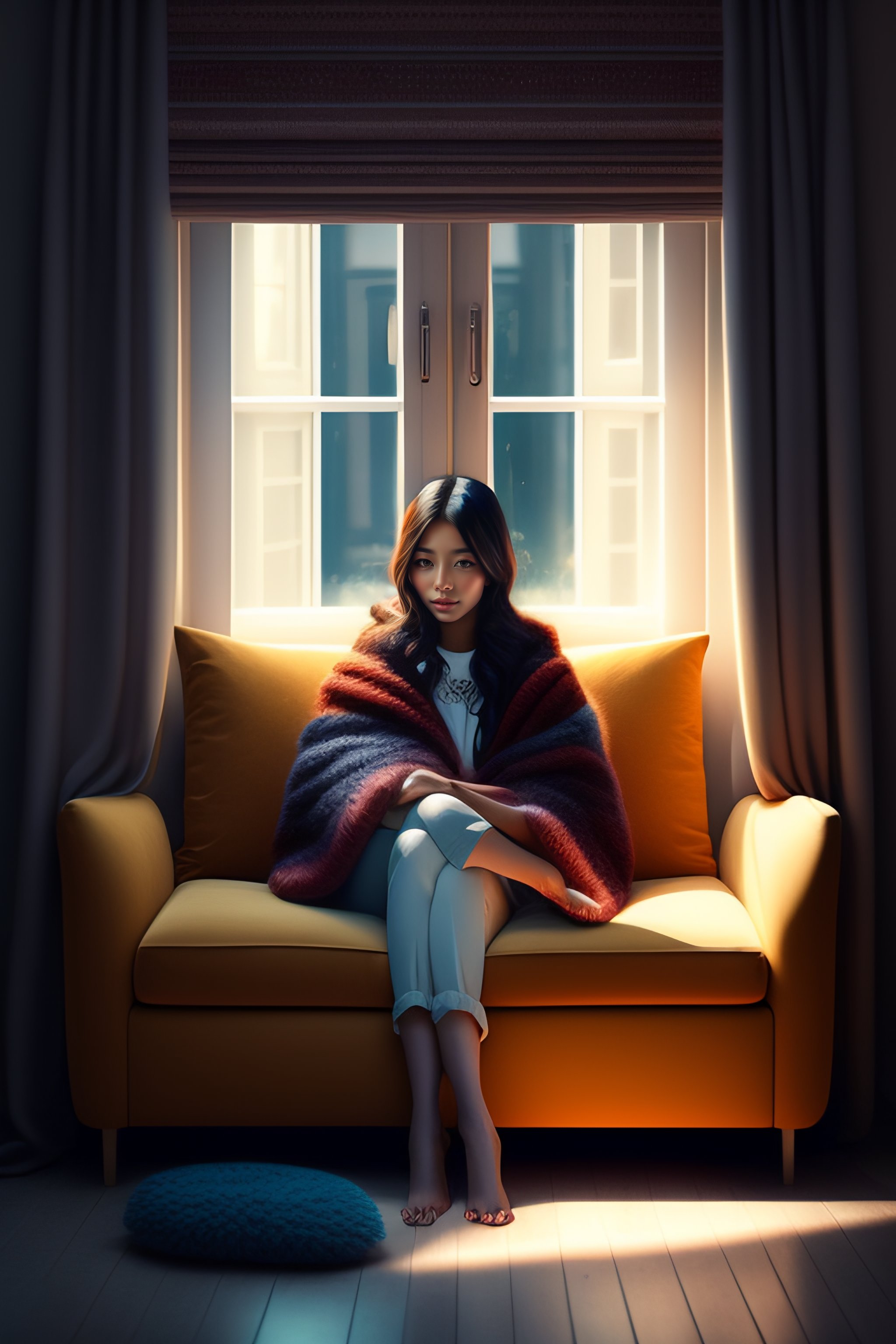 Lexica - Realistic girl sitting on a sofa under a blanket in a ...