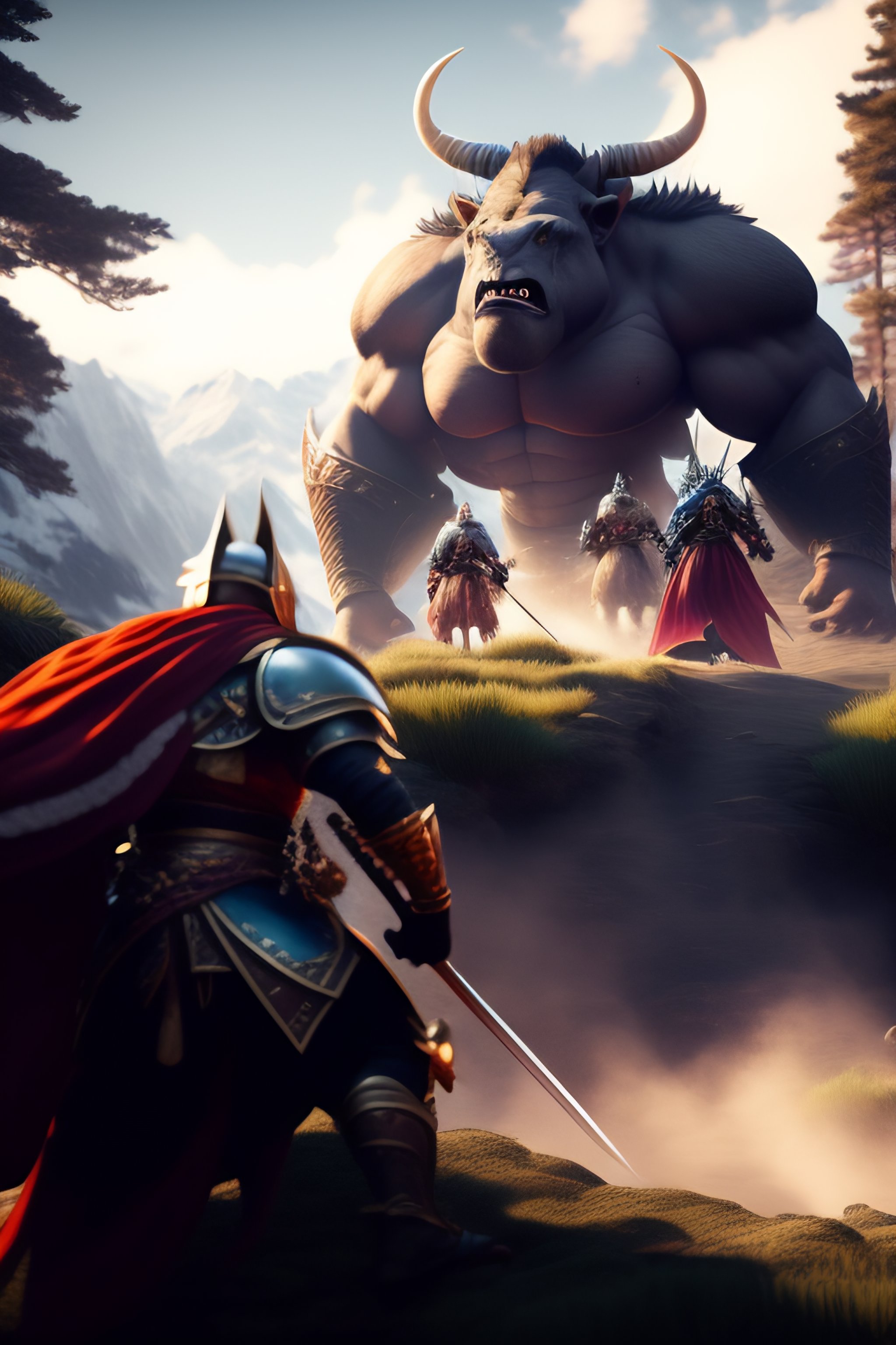 Lexica - Three knights fighting a ogre in the florest, cinematic ...
