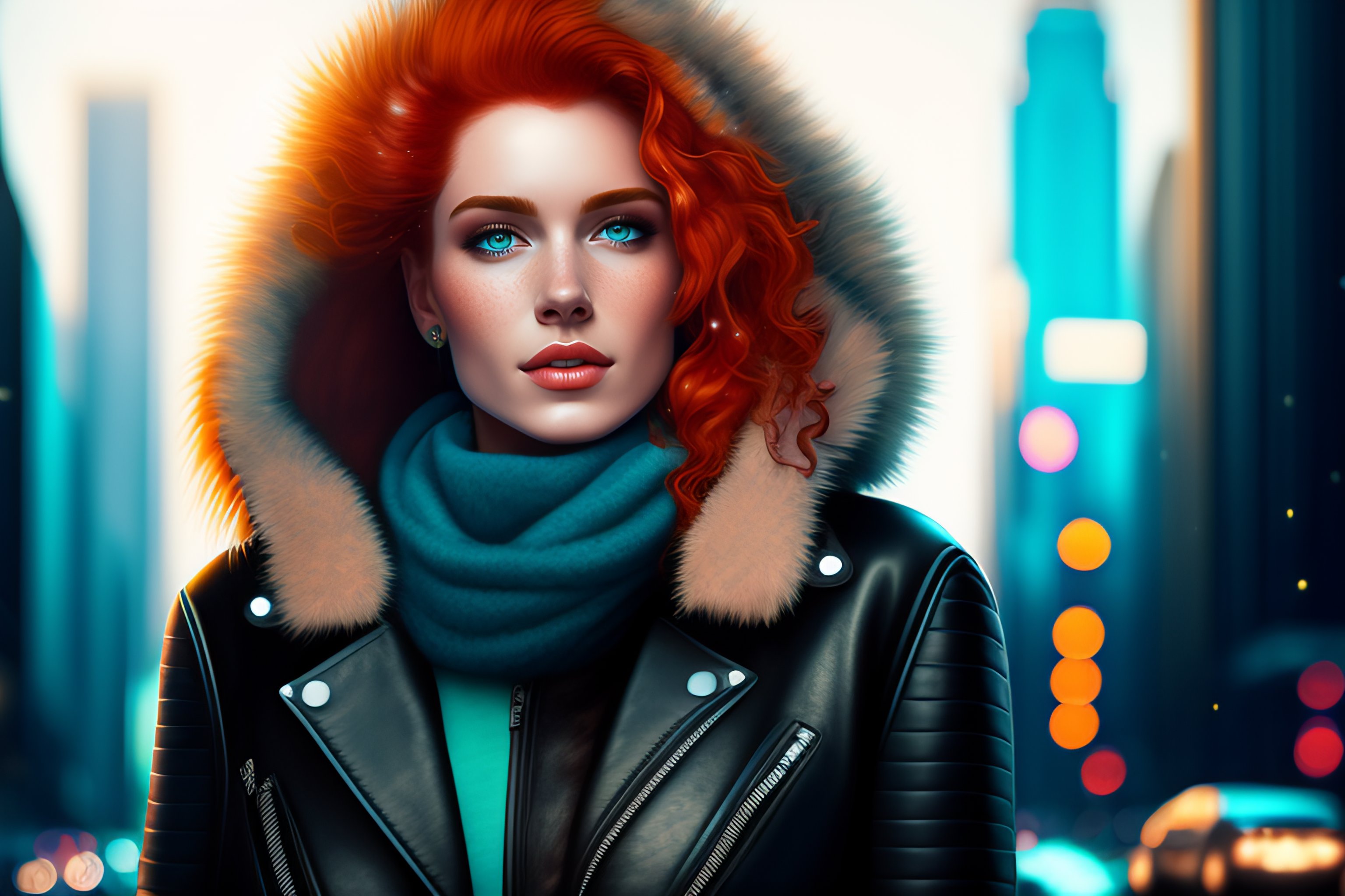 Lexica - Сute punk rock girl, 80s style, leather jacket, fur collar ...