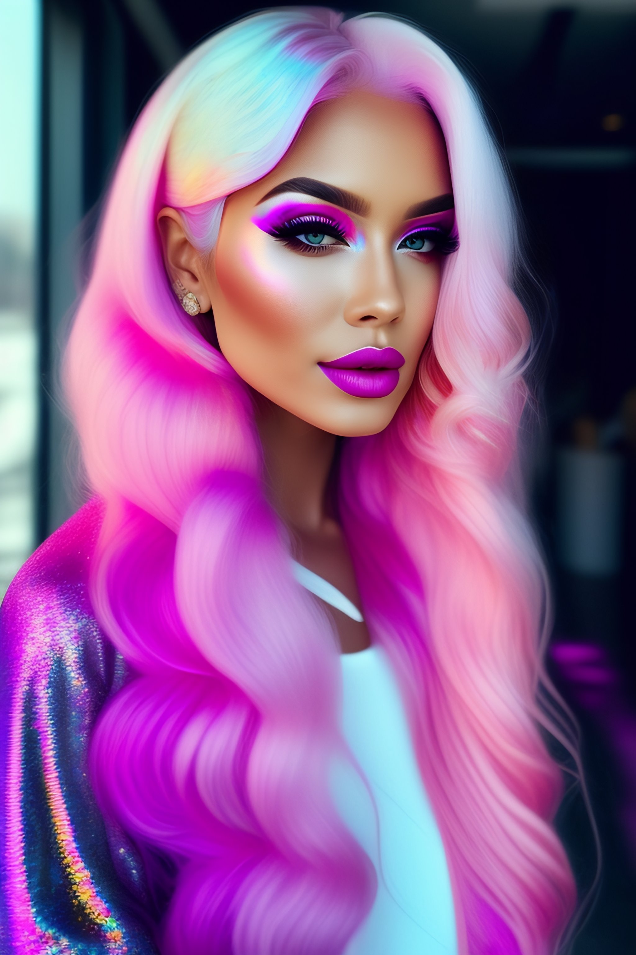 Lexica - A girl who lives pink color, holographic makeup, long white ...