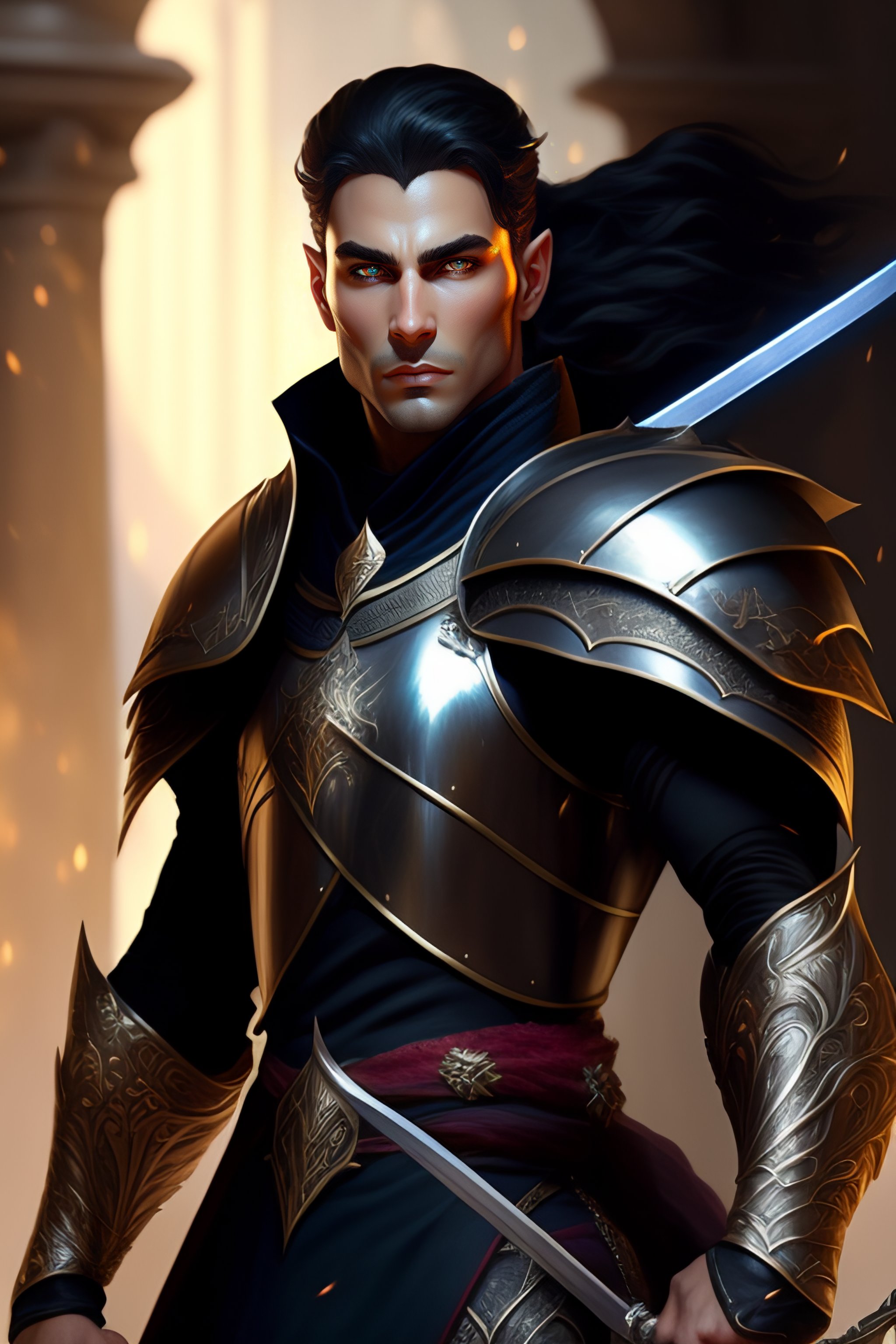 Lexica - Male elf paladin in magical black armor holding sword, posing ...