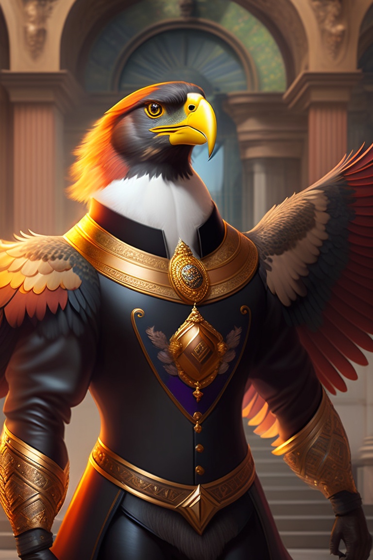 Lexica - Anthropomorphic hawk in a bodyguard black suit, background palace