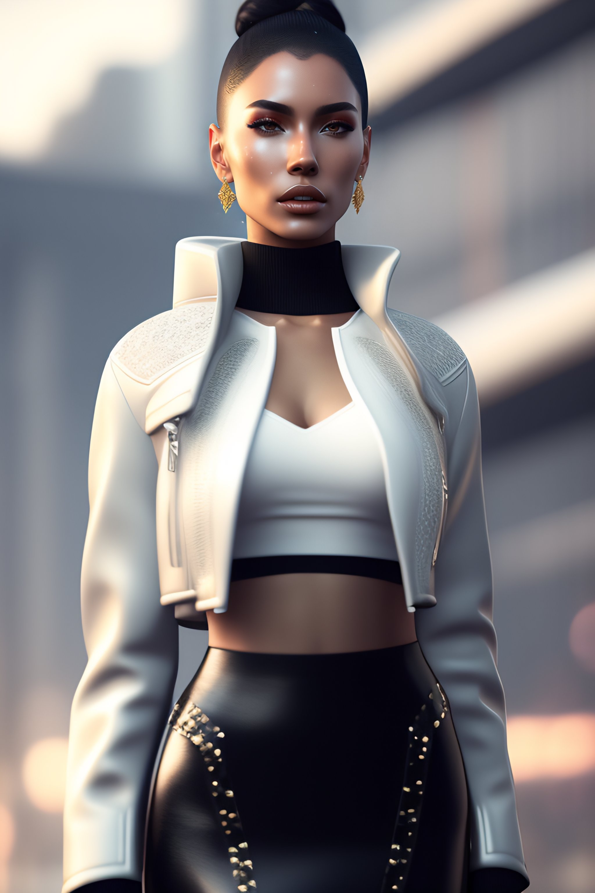 Lexica - Minimal fashion style clothes with short hair rusian girl, white  medieval leather jacket with glitters, jewels, long leather skirt,  carbonf