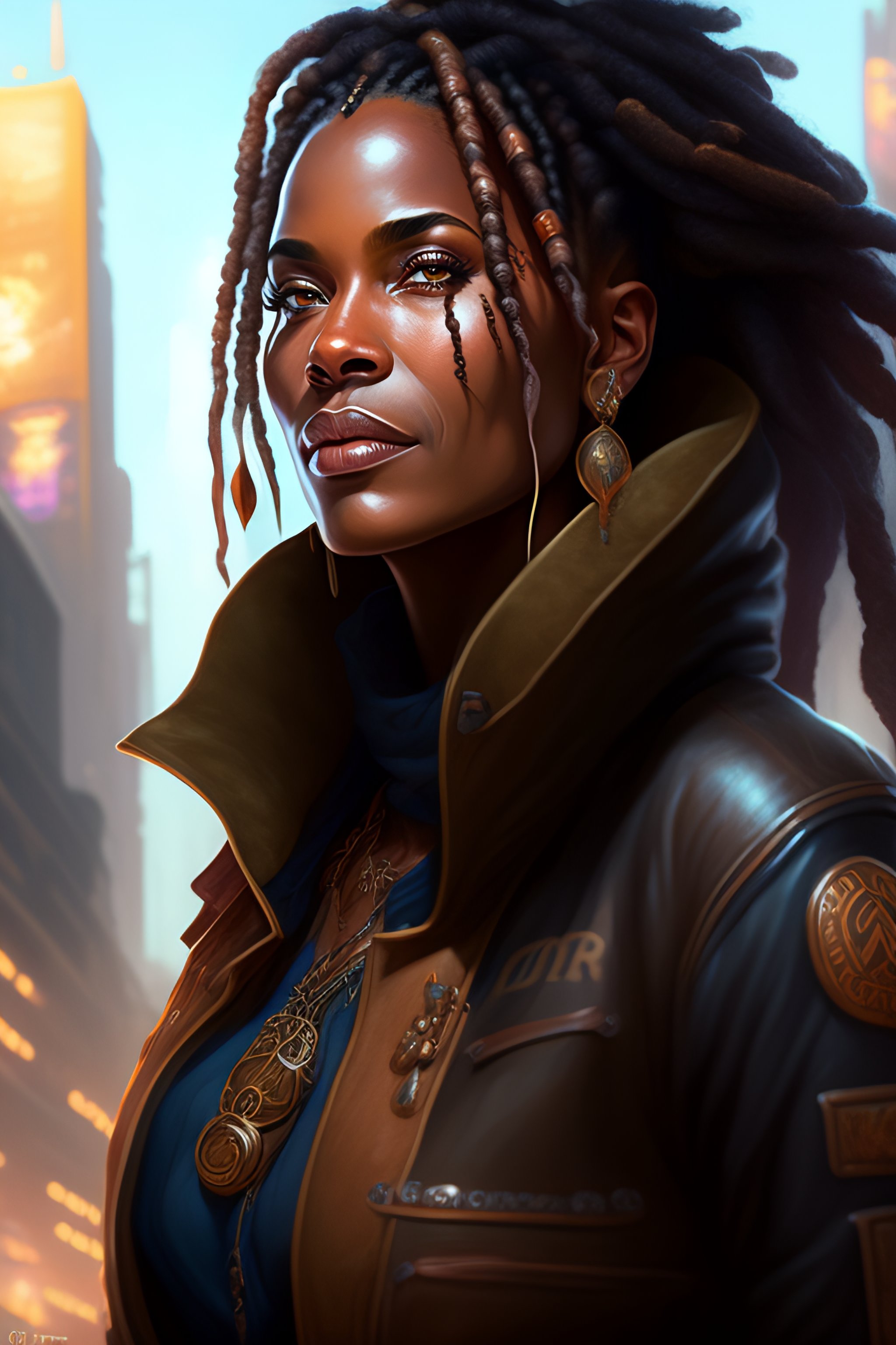 Lexica - Portrait of old mage woman brown skin dreadlocks in front an ...